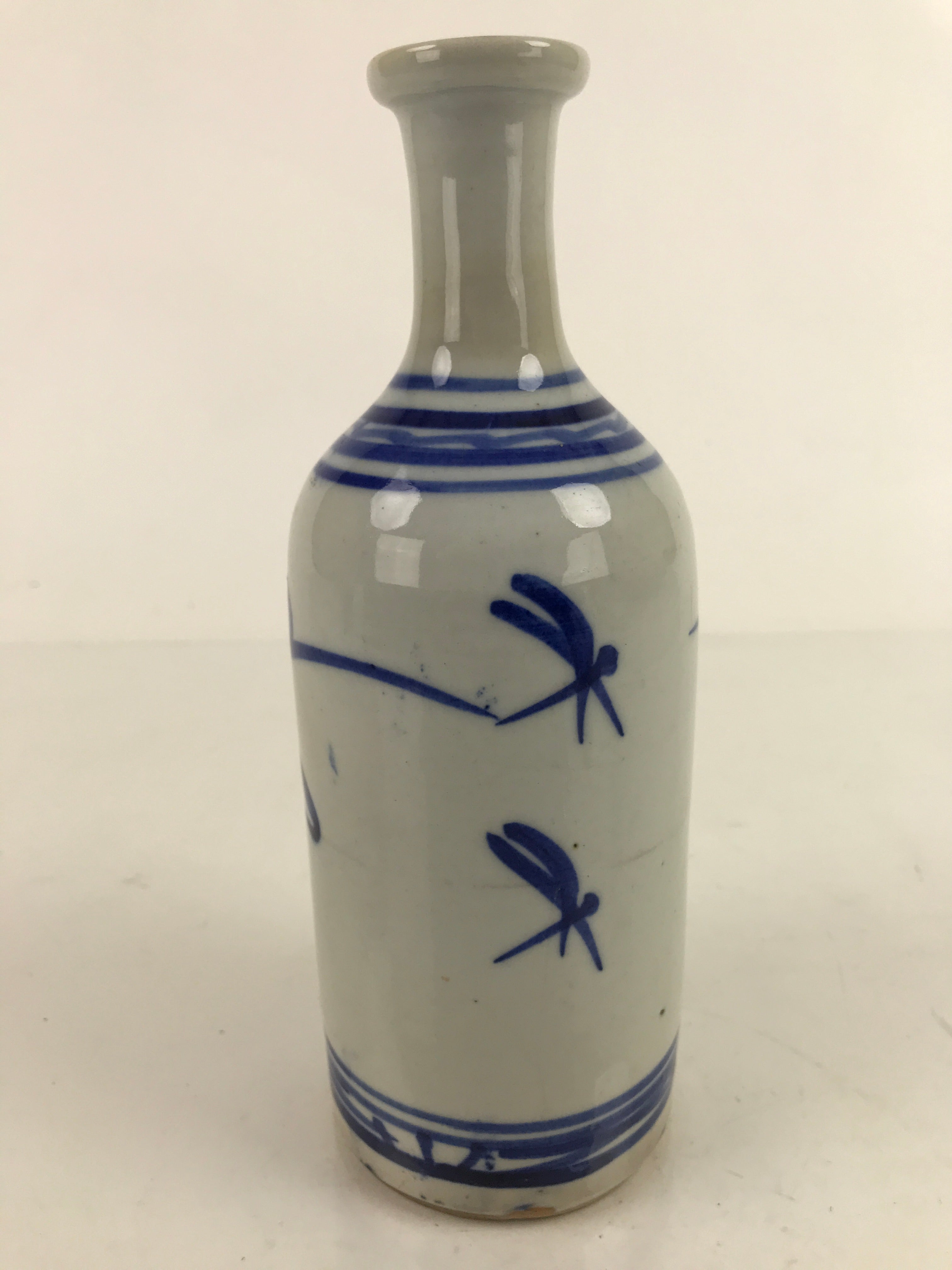 Japanese Ceramic Sake Bottle Tokkuri Vtg Blue White Crane Neck TS734