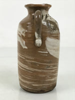 Japanese Ceramic Sake Bottle Tokkuri Vtg Brown White Handle Leaf Brushed TS799