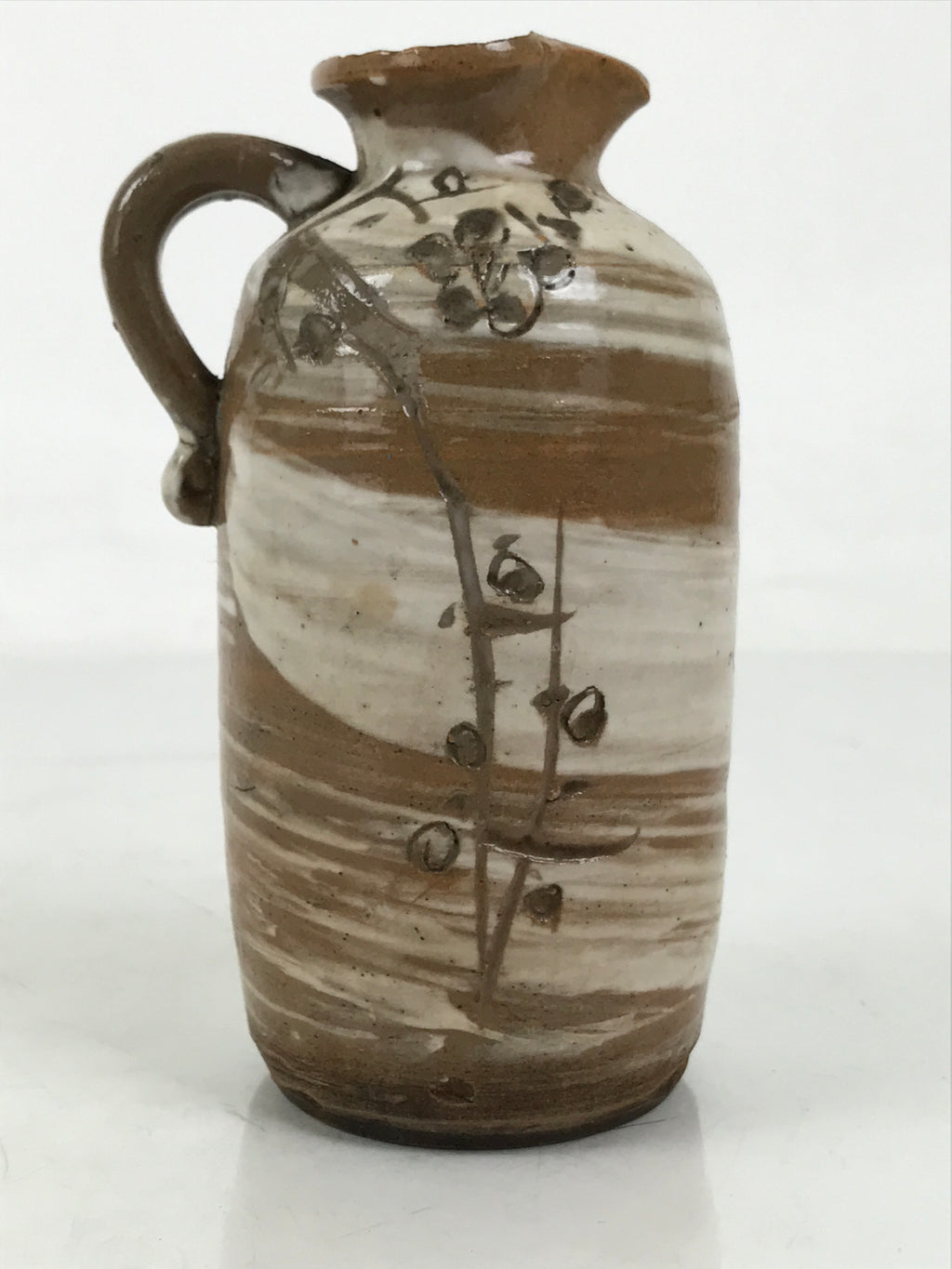 Japanese Ceramic Sake Bottle Tokkuri Vtg Brown White Handle Leaf Brushed TS799