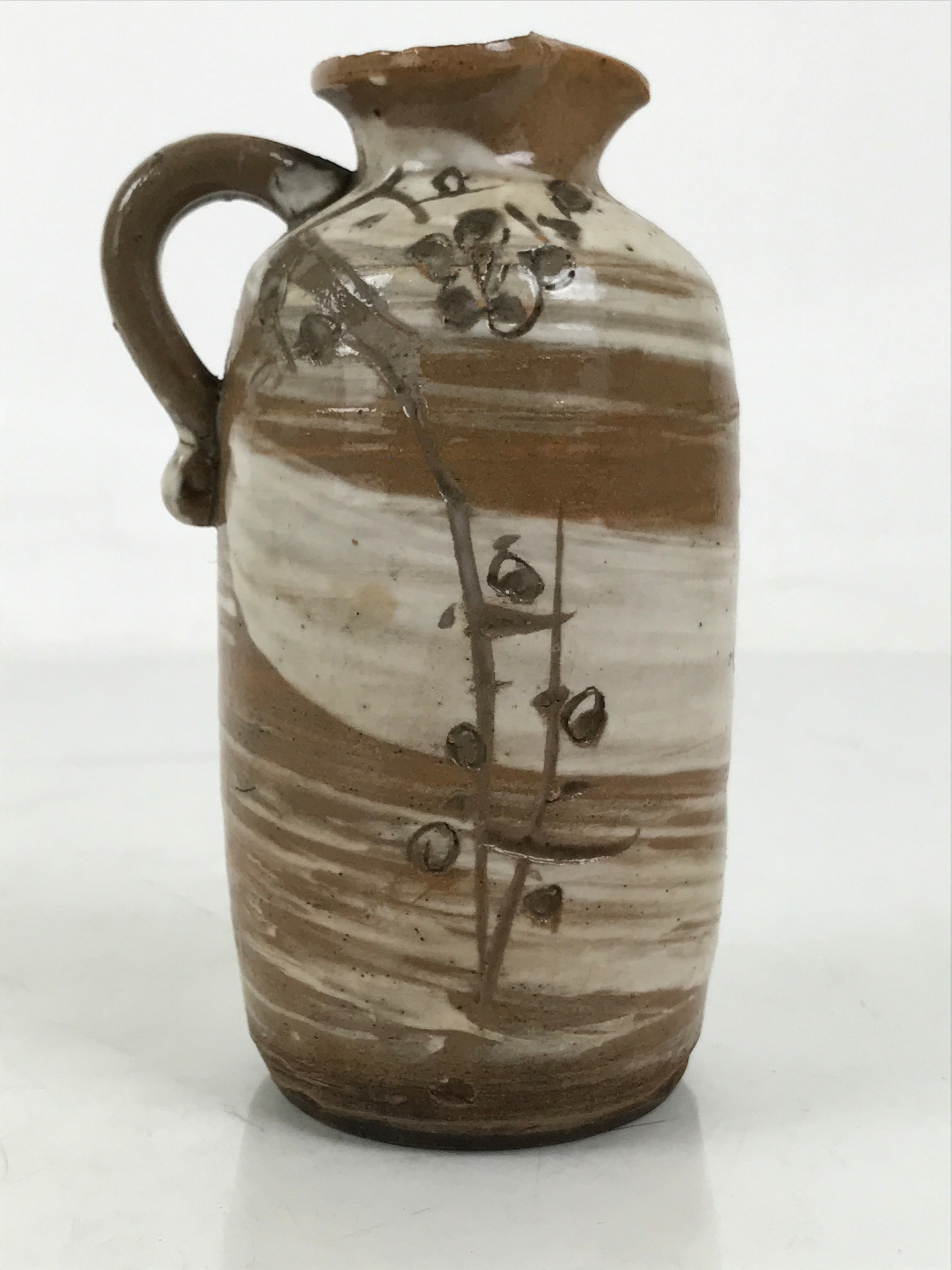 Japanese Ceramic Sake Bottle Tokkuri Vtg Brown White Handle Leaf Brushed TS799