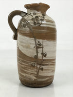 Japanese Ceramic Sake Bottle Tokkuri Vtg Brown White Handle Leaf Brushed TS799