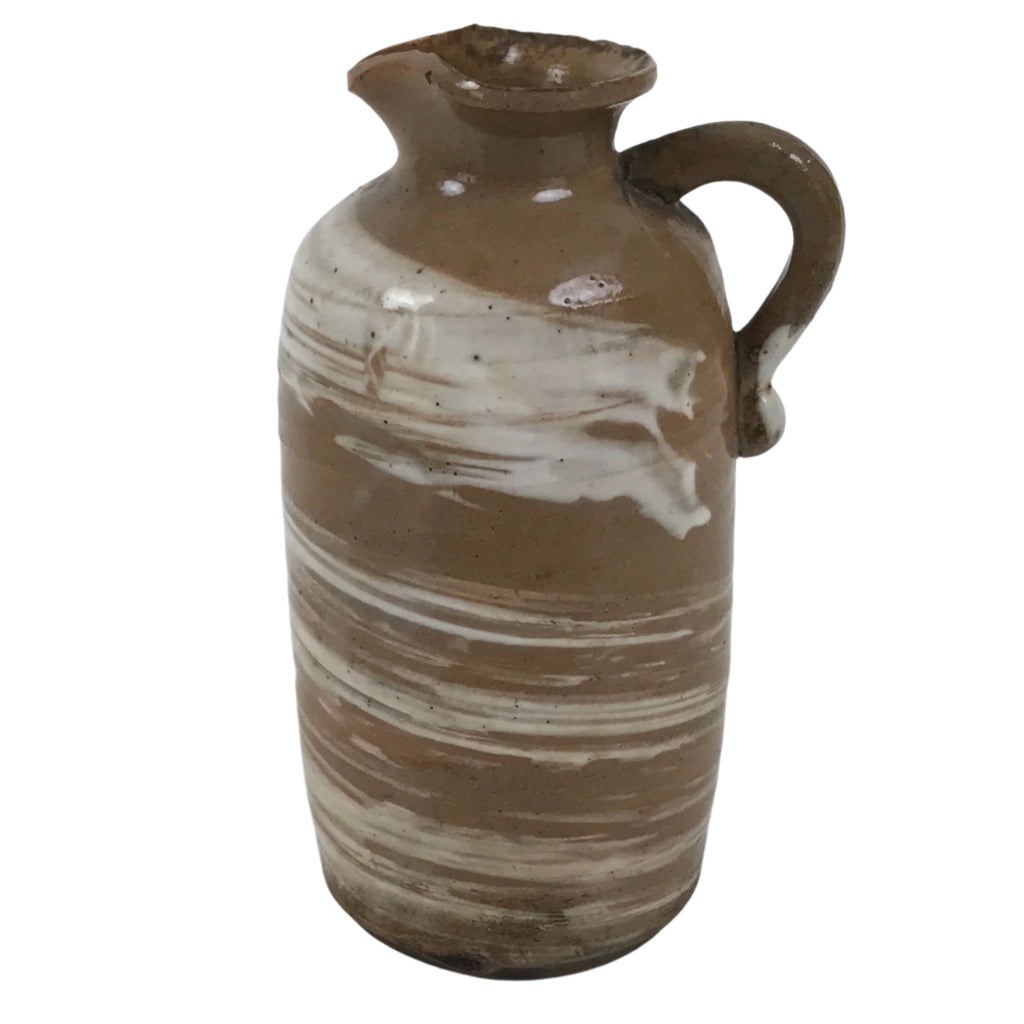 Japanese Ceramic Sake Bottle Tokkuri Vtg Brown White Handle Leaf Brushed TS799