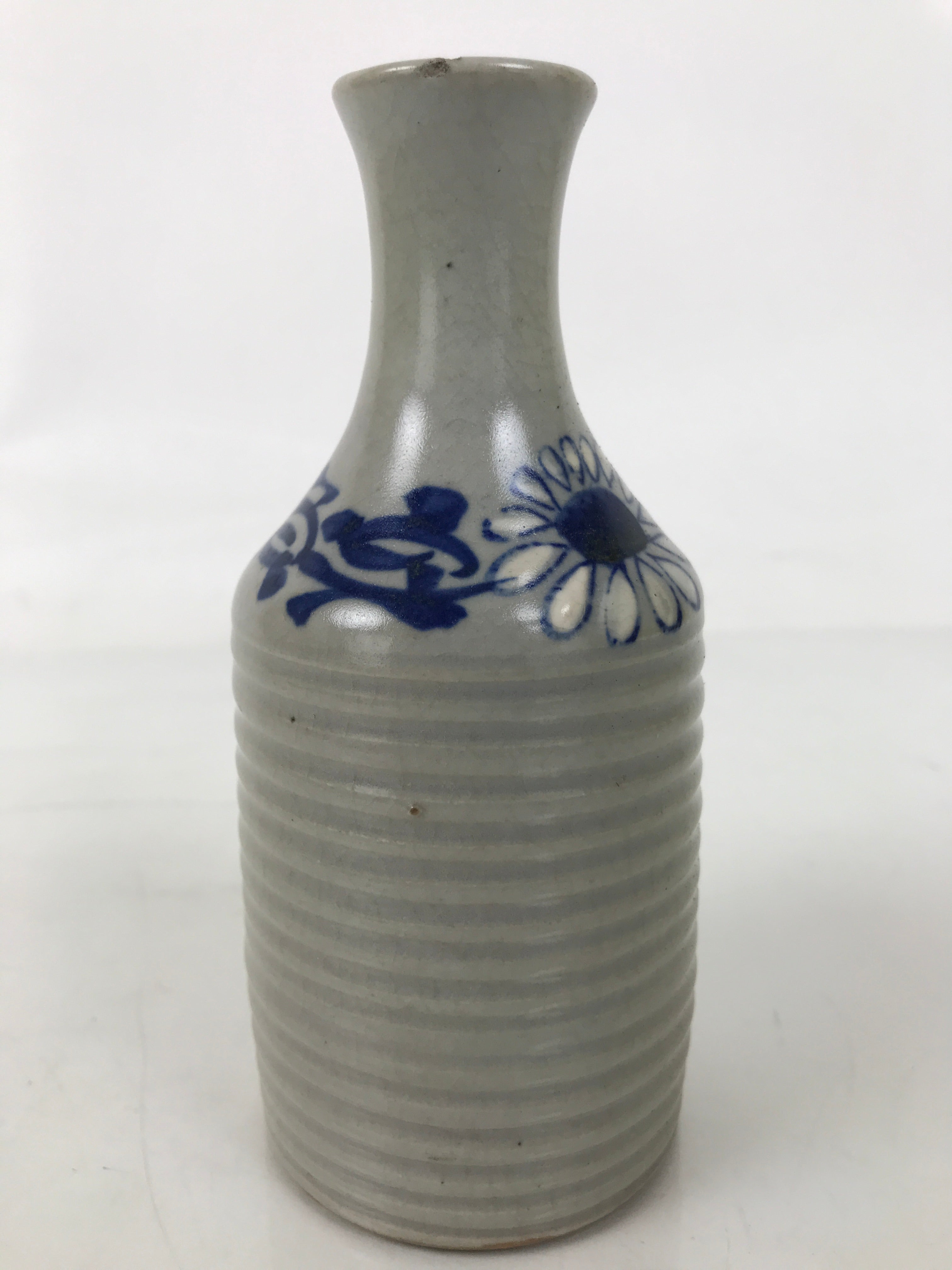 Japanese Ceramic Sake Bottle Tokkuri Vtg Floral Blue White Gray Crackle TS796