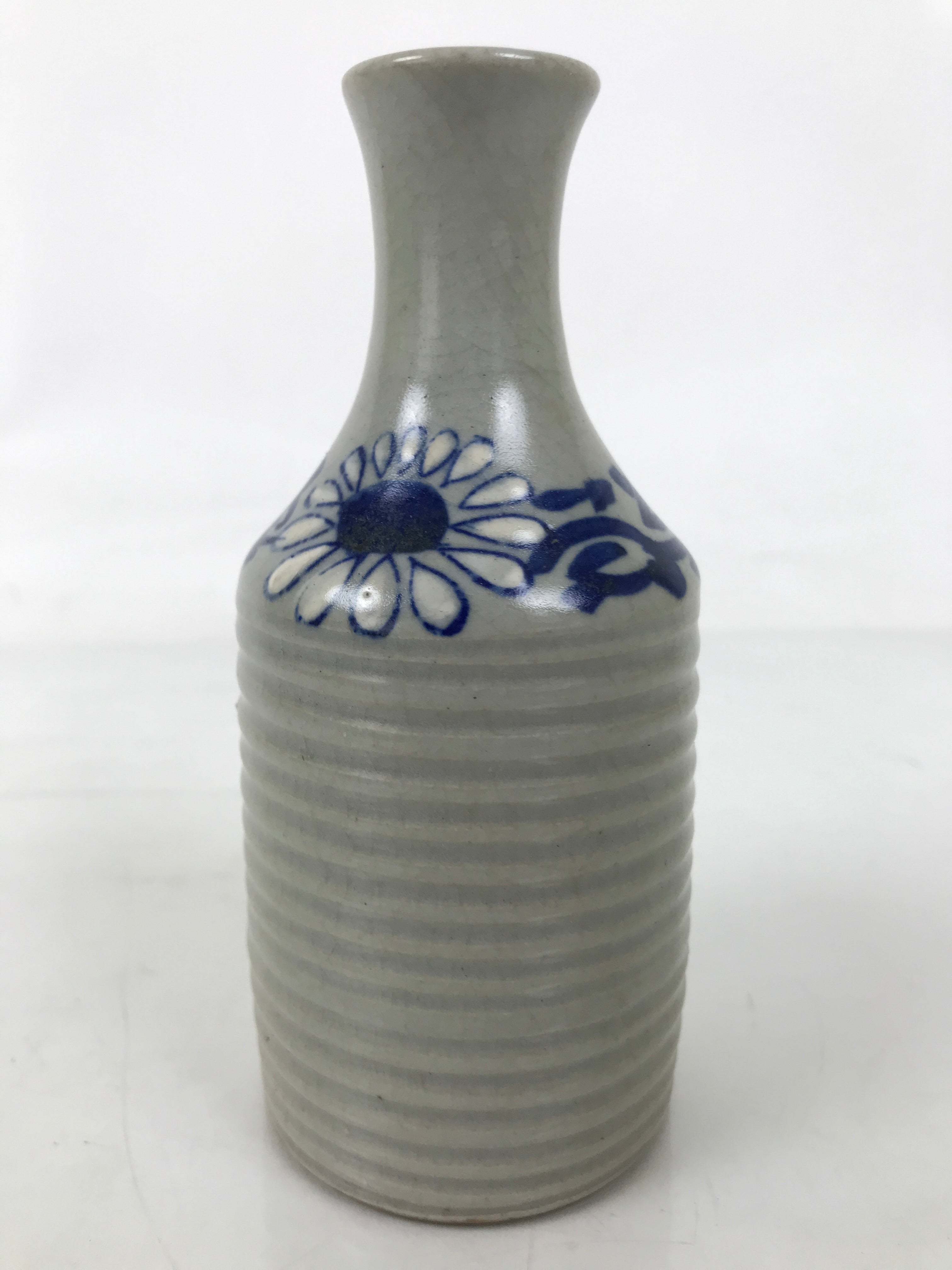 Japanese Ceramic Sake Bottle Tokkuri Vtg Floral Blue White Gray Crackle TS796