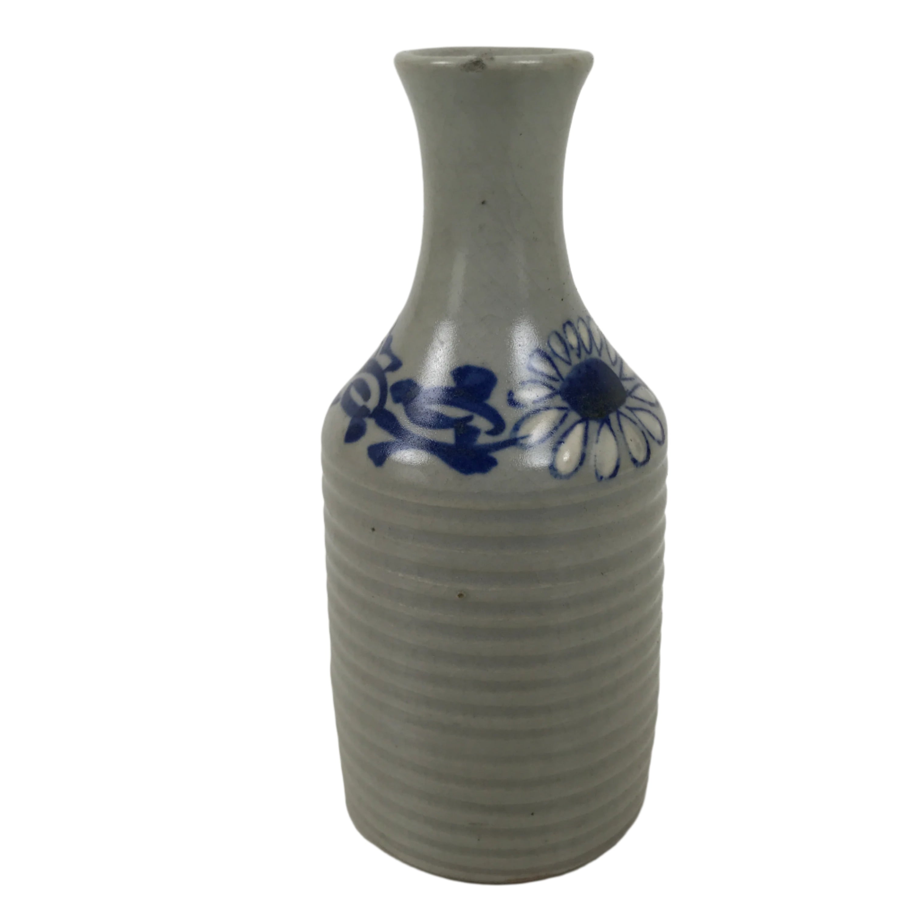 Japanese Ceramic Sake Bottle Tokkuri Vtg Floral Blue White Gray Crackle TS796