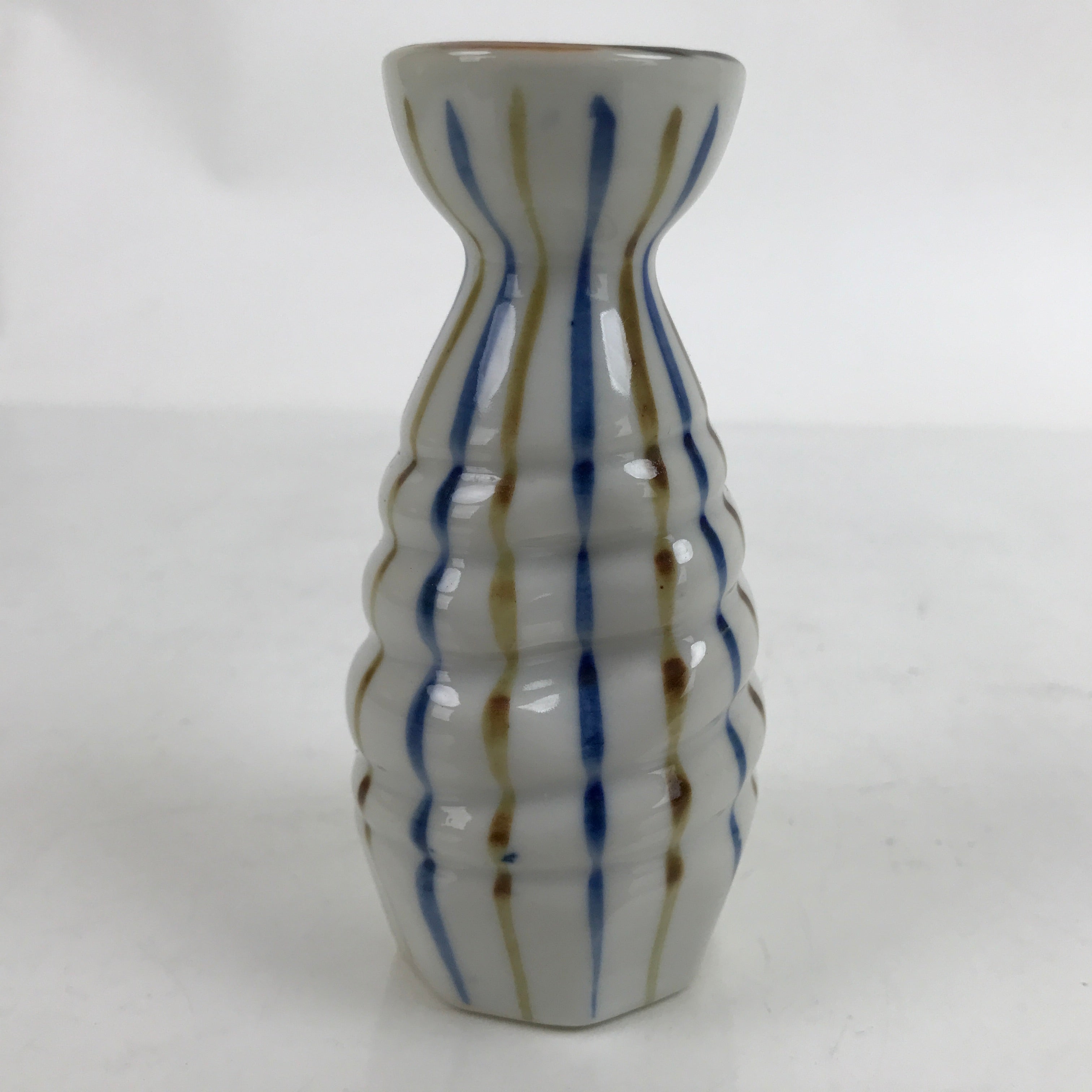 Japanese Ceramic Sake Bottle Tokkuri Vtg Ichi-Go Blue Brown Stripe White TS694