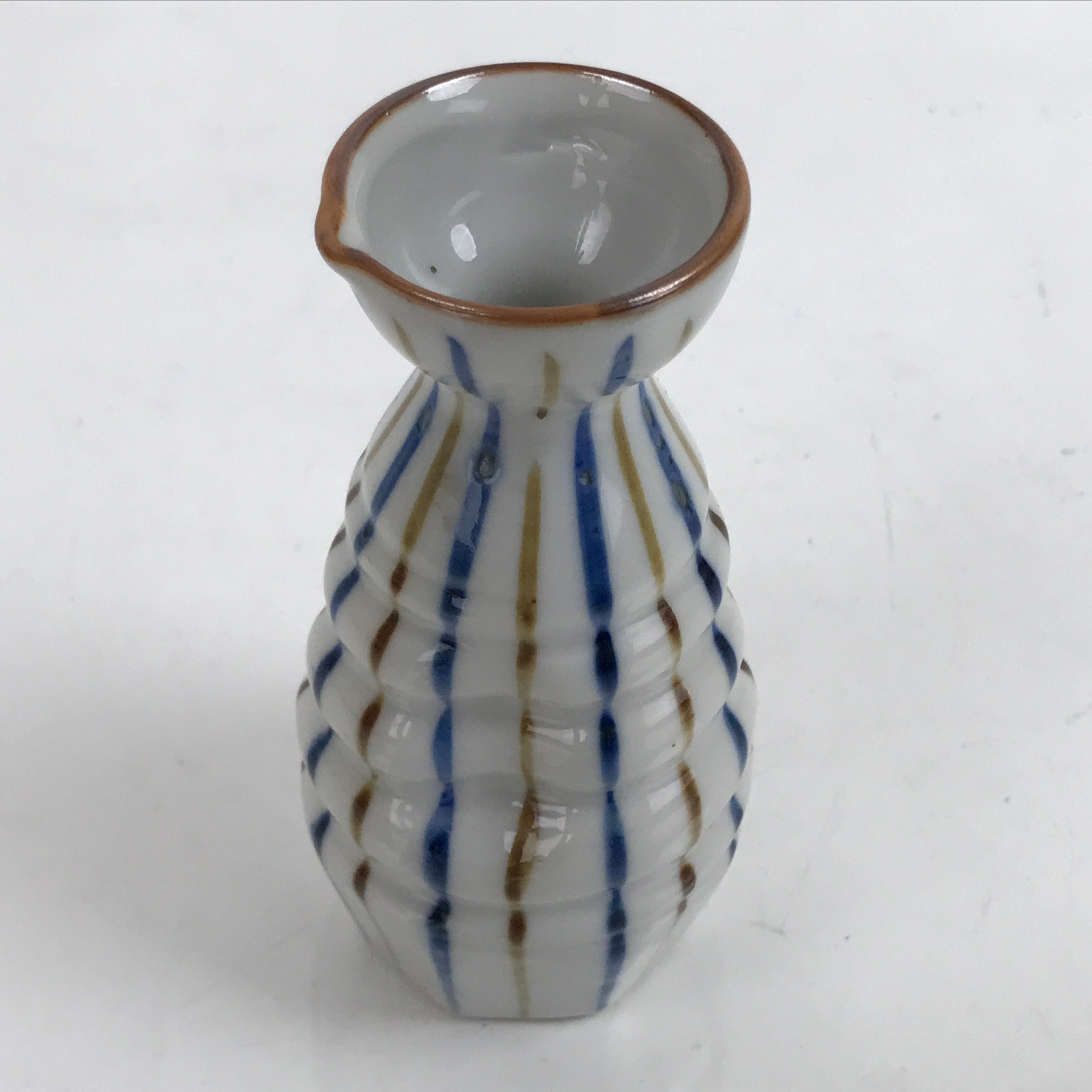 Japanese Ceramic Sake Bottle Tokkuri Vtg Ichi-Go Blue Brown Stripe White TS695