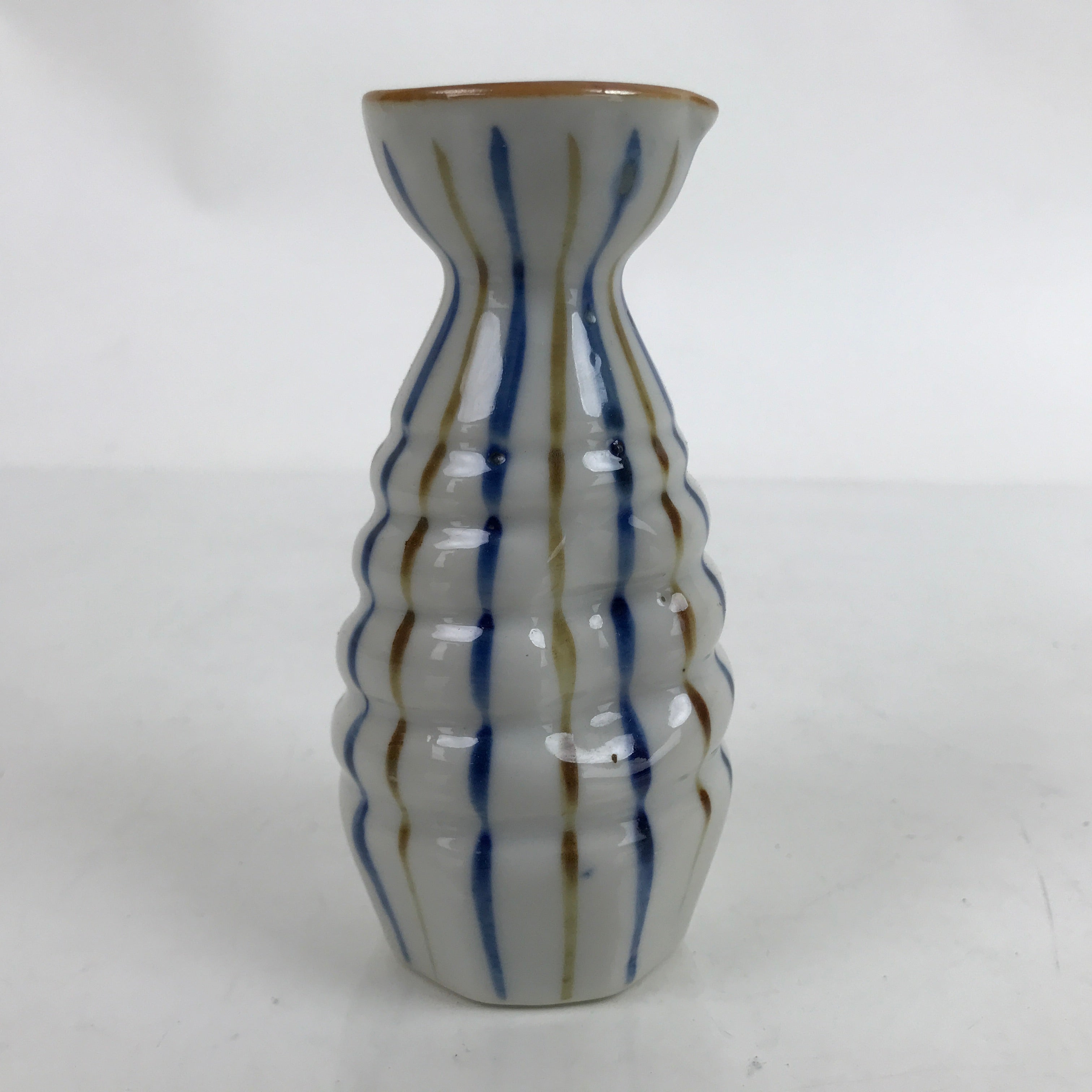 Japanese Ceramic Sake Bottle Tokkuri Vtg Ichi-Go Blue Brown Stripe White TS695