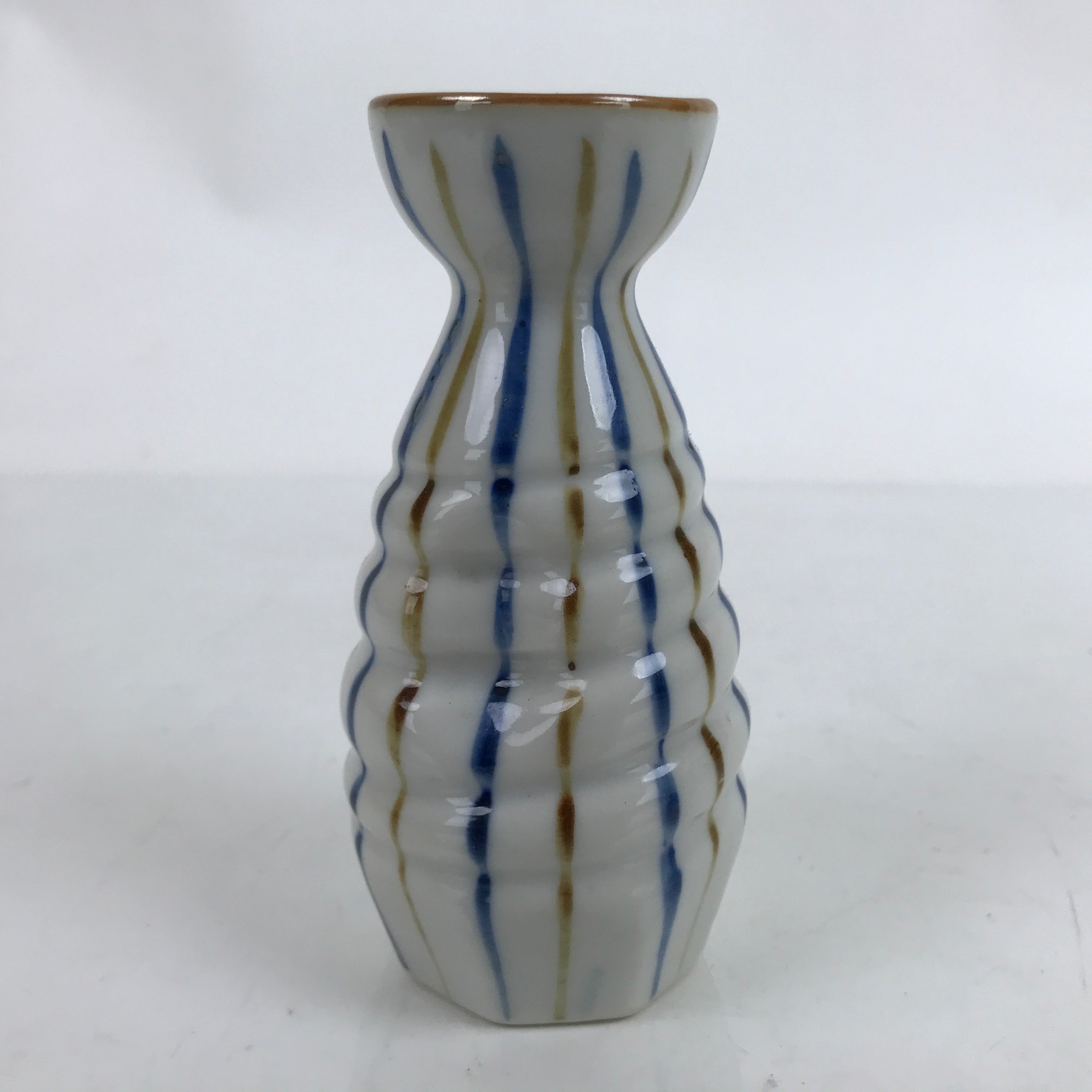Japanese Ceramic Sake Bottle Tokkuri Vtg Ichi-Go Blue Brown Stripe White TS695