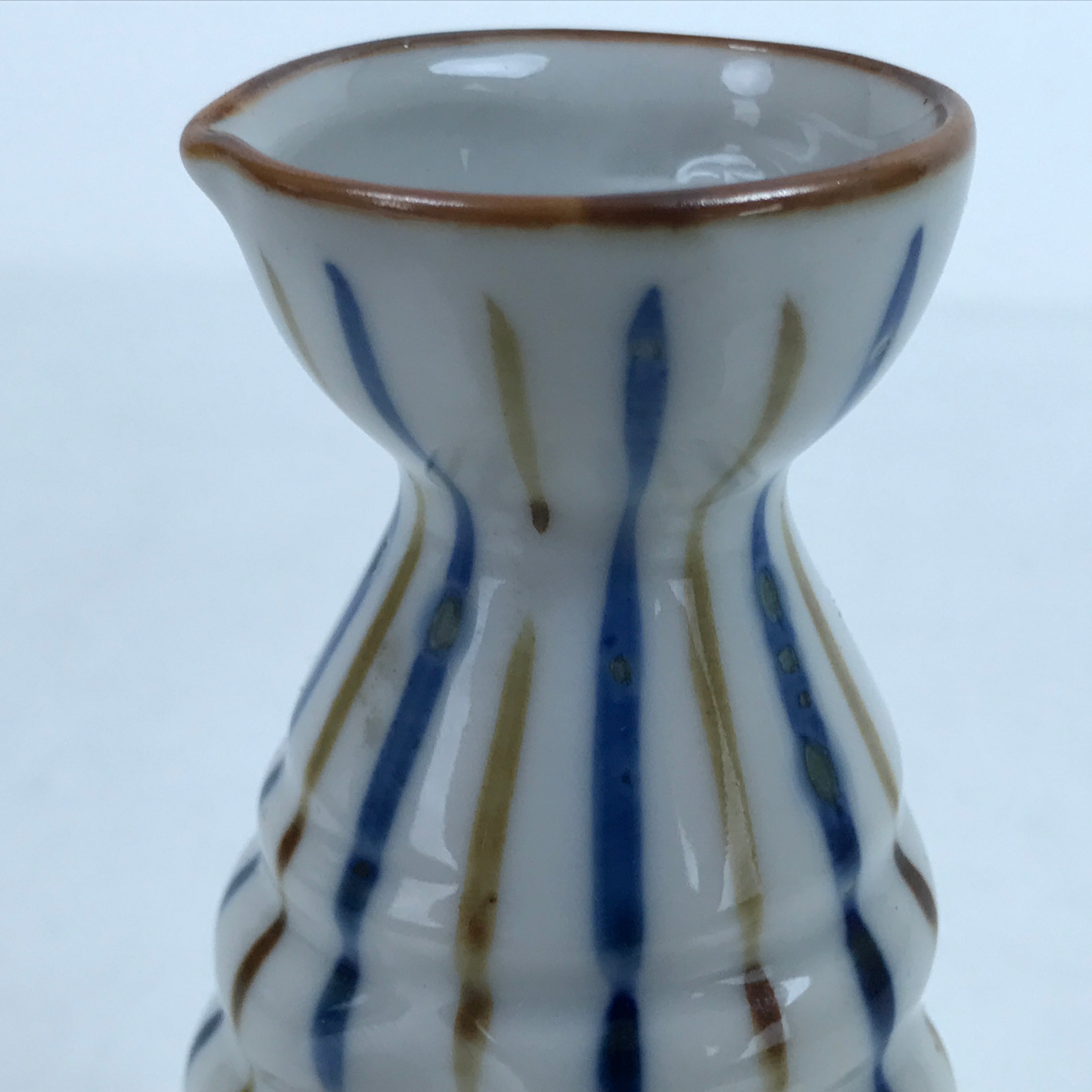 Japanese Ceramic Sake Bottle Tokkuri Vtg Ichi-Go Blue Brown Stripe White TS695