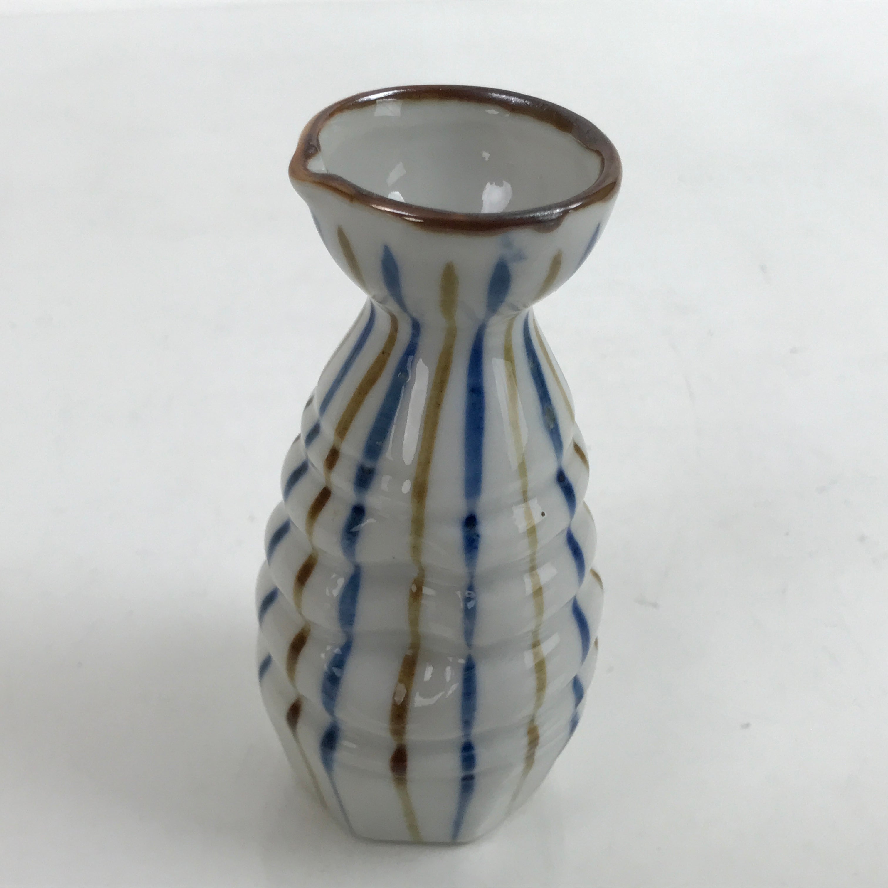 Japanese Ceramic Sake Bottle Tokkuri Vtg Ichi-Go Blue Brown Stripe White TS697