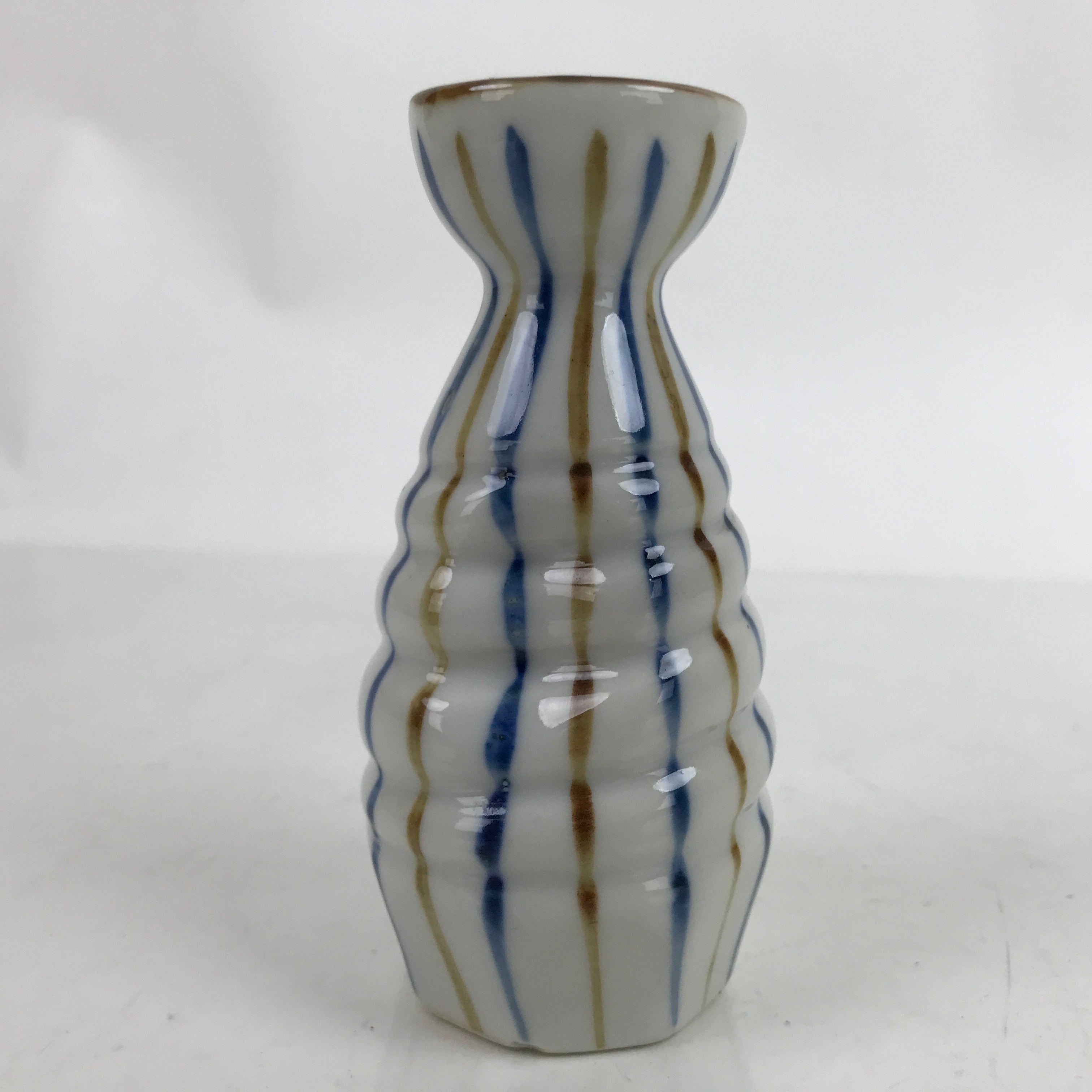 Japanese Ceramic Sake Bottle Tokkuri Vtg Ichi-Go Blue Brown Stripe White TS697