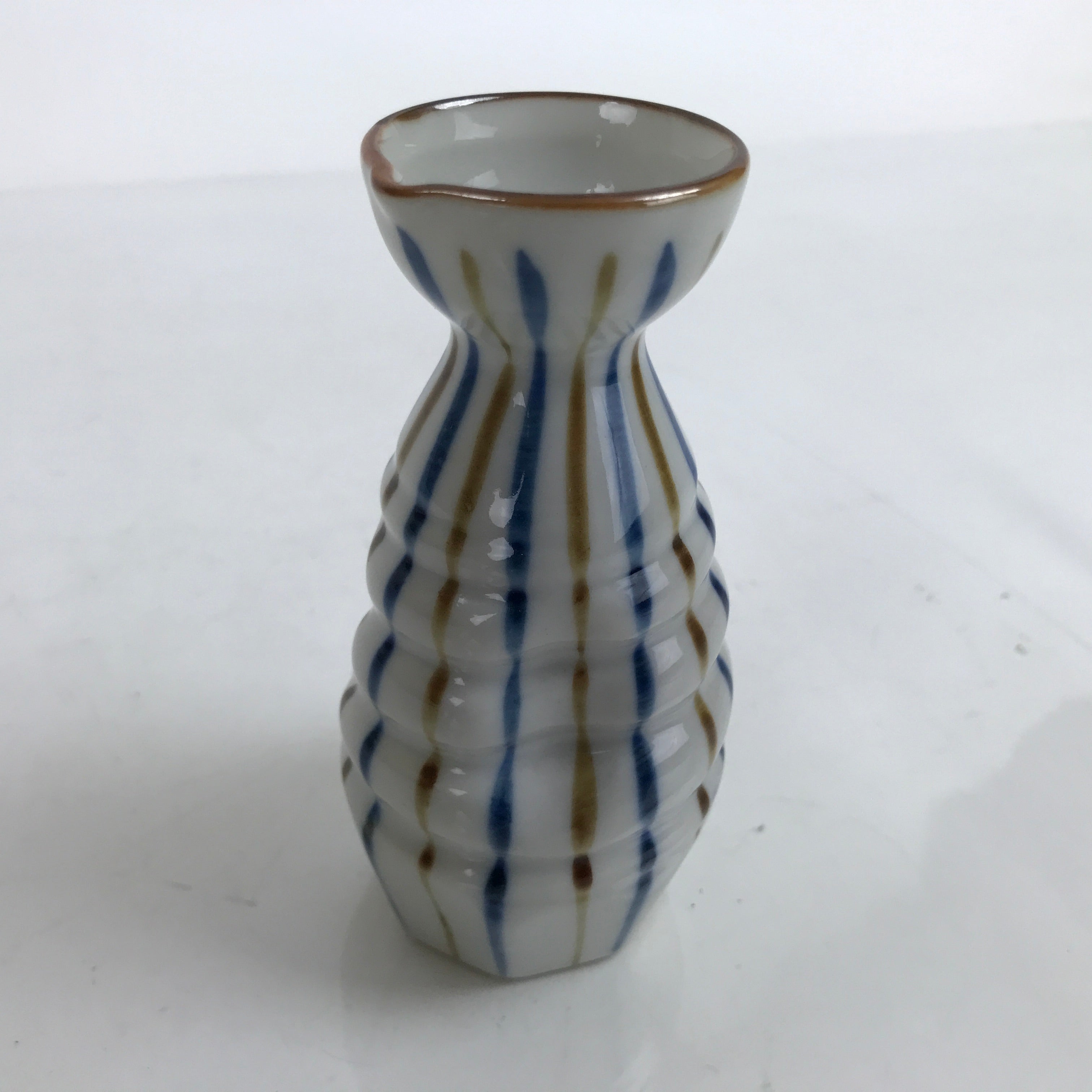 Japanese Ceramic Sake Bottle Tokkuri Vtg Ichi-Go Blue Brown Stripe White TS698