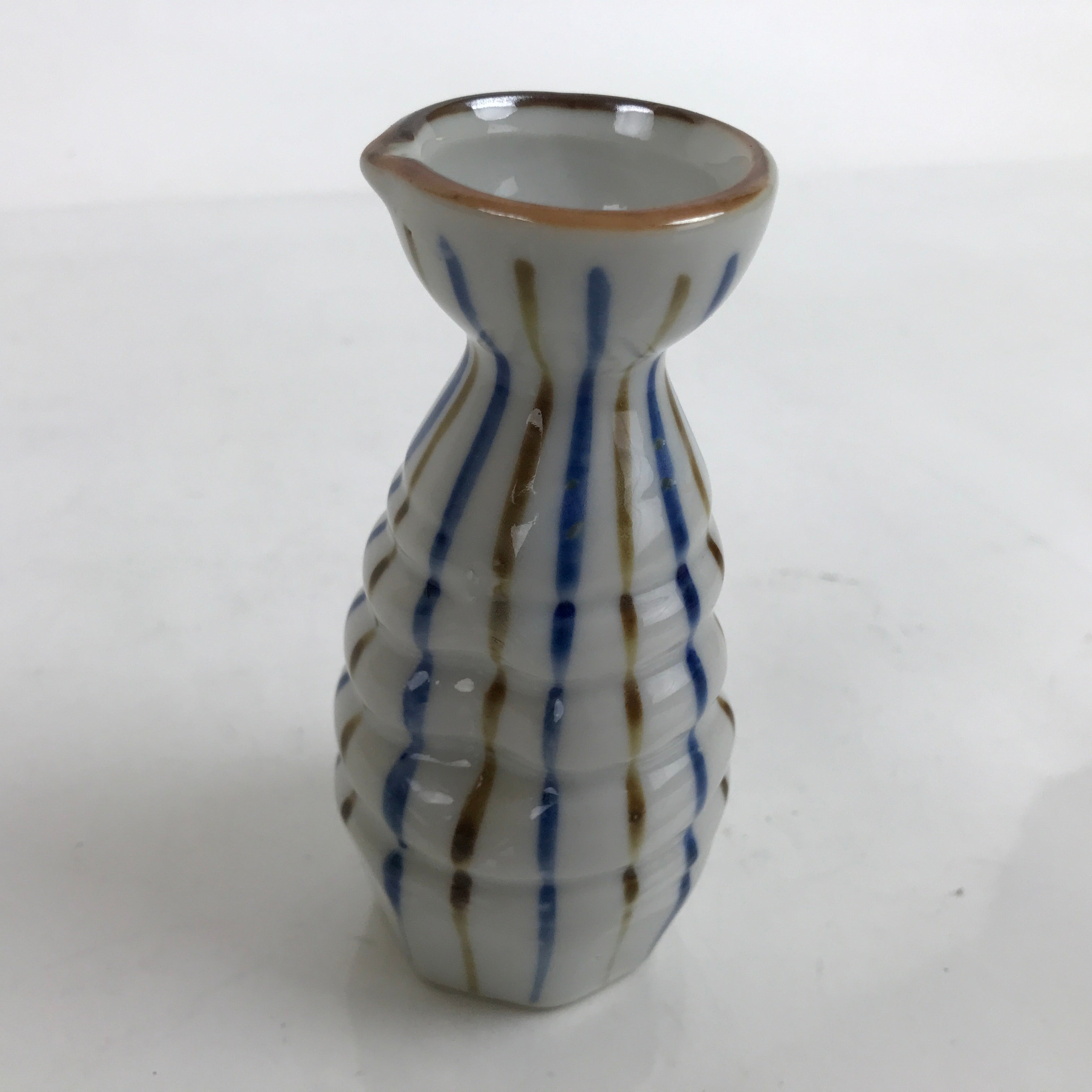 Japanese Ceramic Sake Bottle Tokkuri Vtg Ichi-Go Blue Brown Stripe White TS699