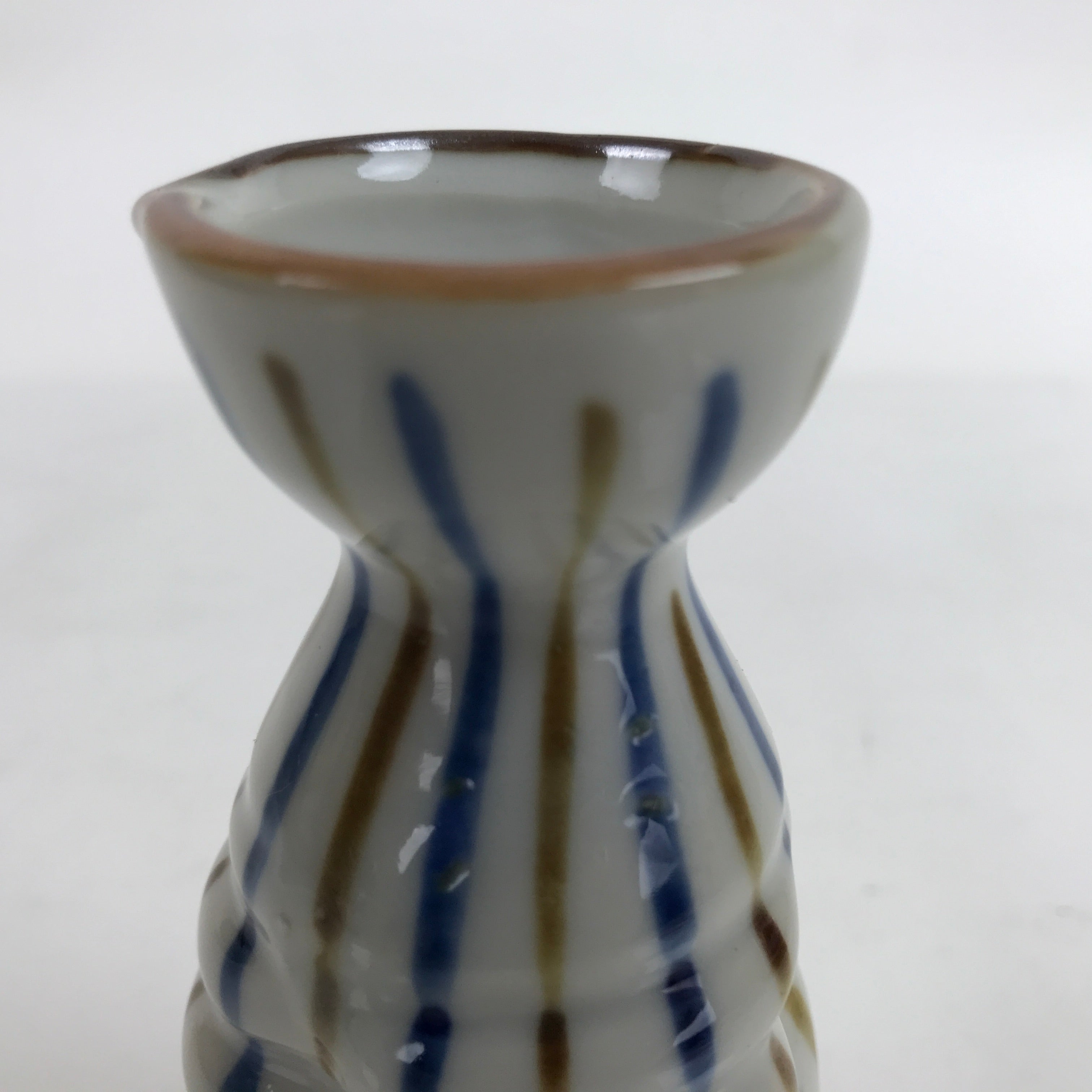 Japanese Ceramic Sake Bottle Tokkuri Vtg Ichi-Go Blue Brown Stripe White TS699