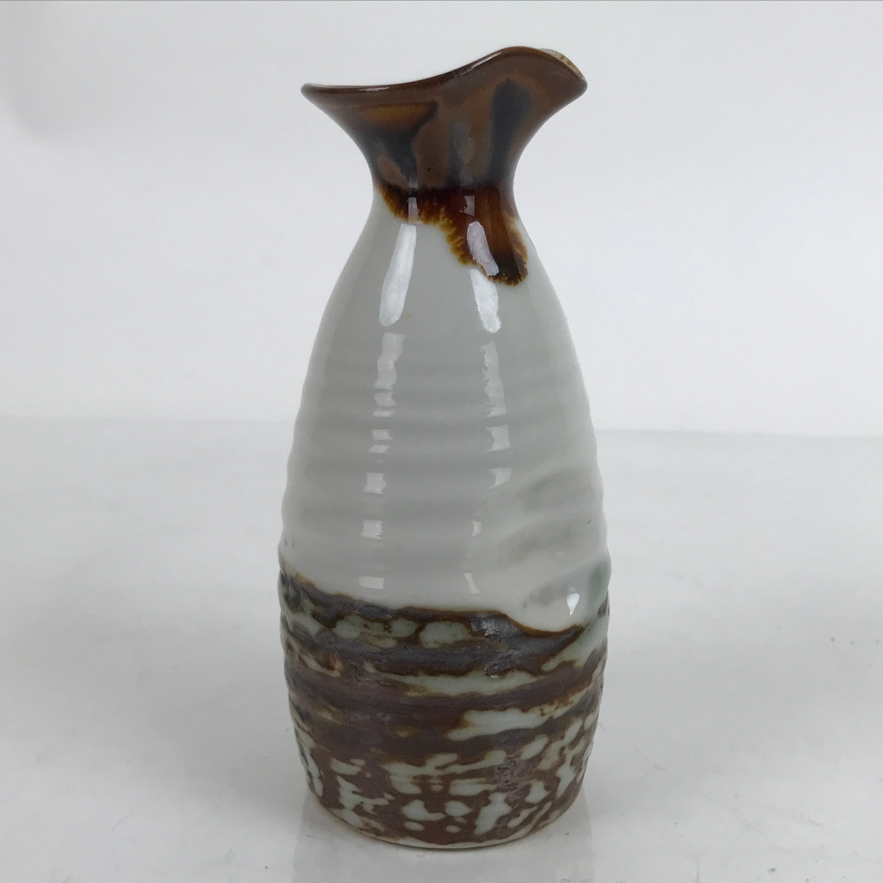 Japanese Ceramic Sake Bottle Tokkuri Vtg Ichi-Go Rustic White Brown Glaze TS700