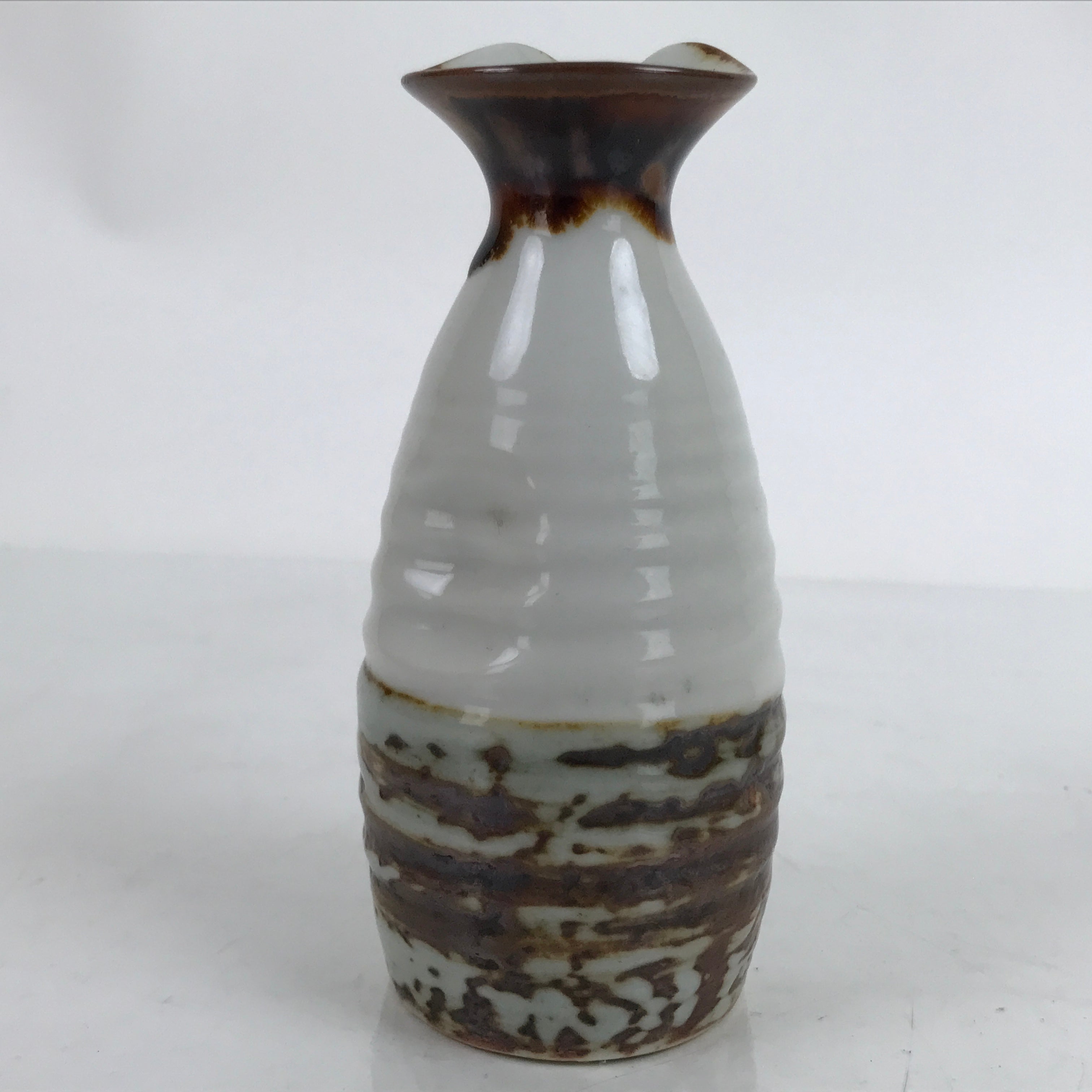 Japanese Ceramic Sake Bottle Tokkuri Vtg Ichi-Go Rustic White Brown Glaze TS700