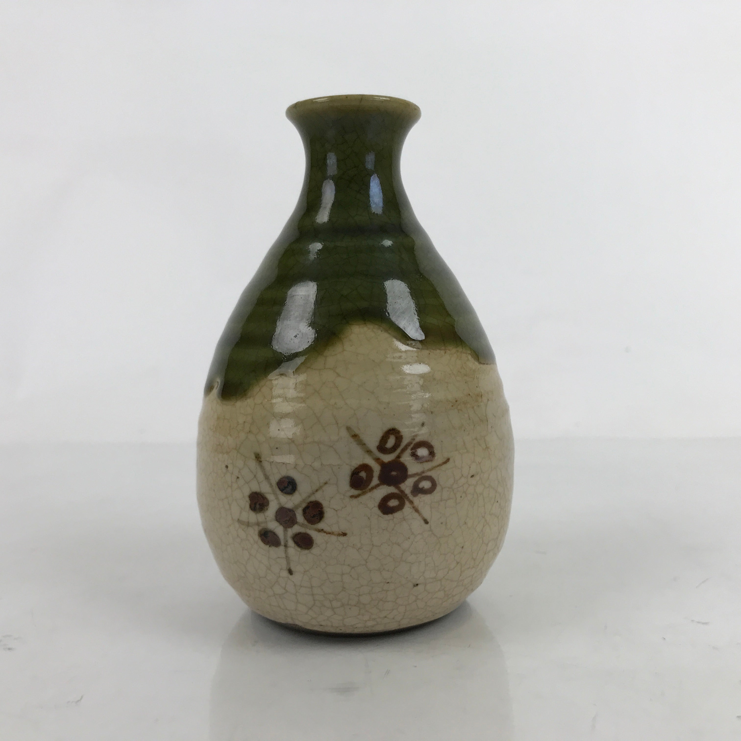 Japanese Ceramic Sake Bottle Tokkuri Vtg Oribe Ware Beige Green Brown TS730