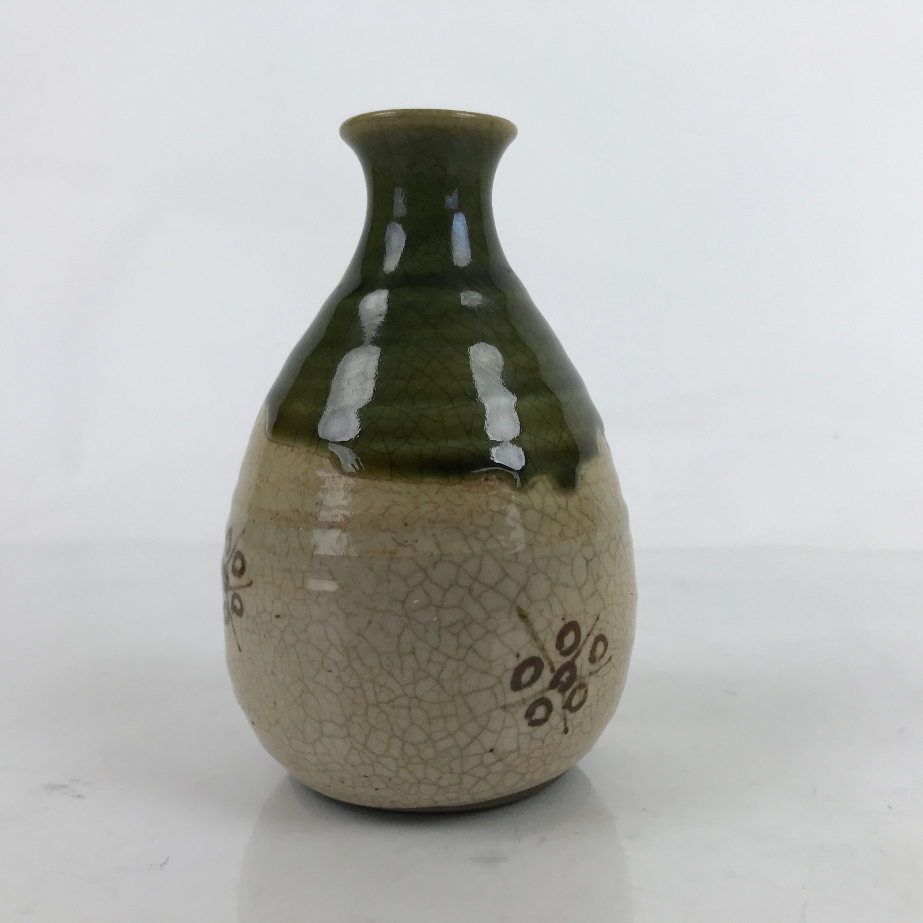 Japanese Ceramic Sake Bottle Tokkuri Vtg Oribe Ware Beige Green Brown TS730