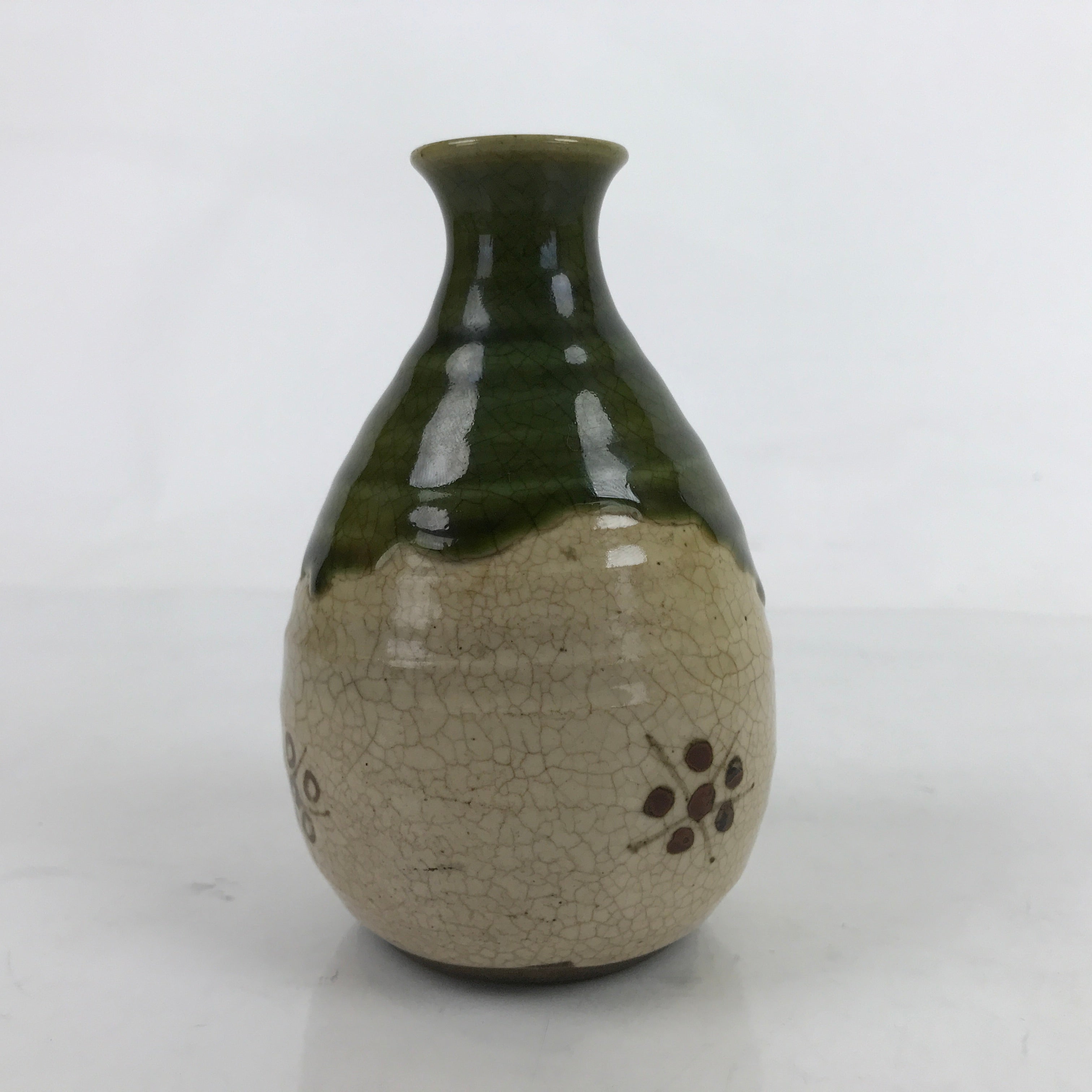 Japanese Ceramic Sake Bottle Tokkuri Vtg Oribe Ware Beige Green Brown TS730