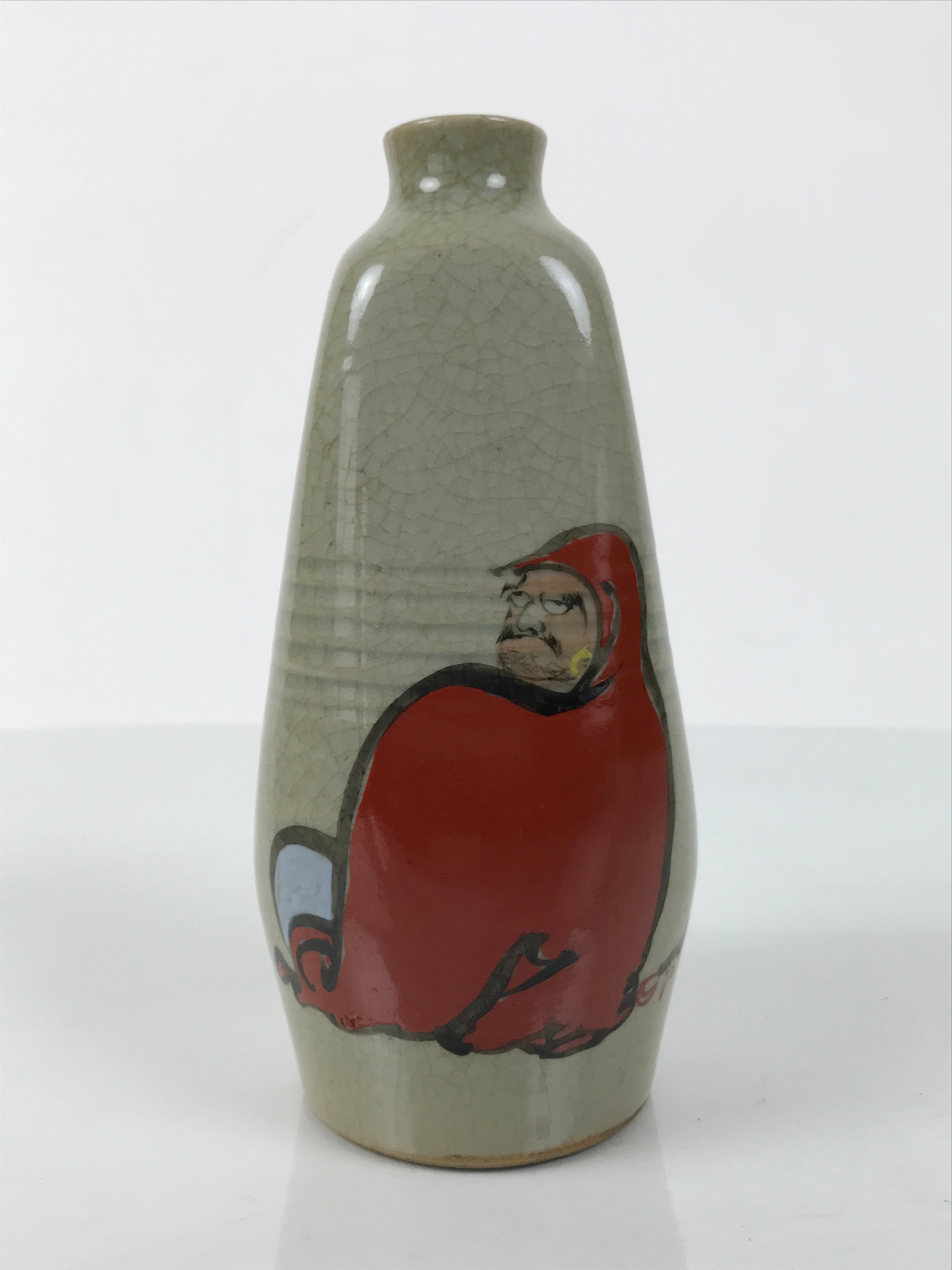 Japanese Ceramic Sake Bottle Tokkuri Vtg Pottery Ichi-Go Red Daruma Gray TS835