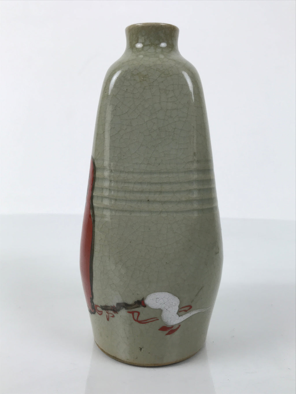 Japanese Ceramic Sake Bottle Tokkuri Vtg Pottery Ichi-Go Red Daruma Gray TS835