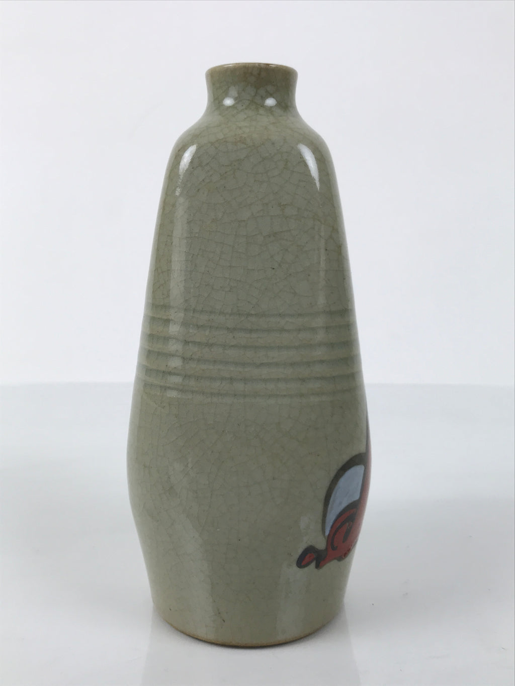 Japanese Ceramic Sake Bottle Tokkuri Vtg Pottery Ichi-Go Red Daruma Gray TS835