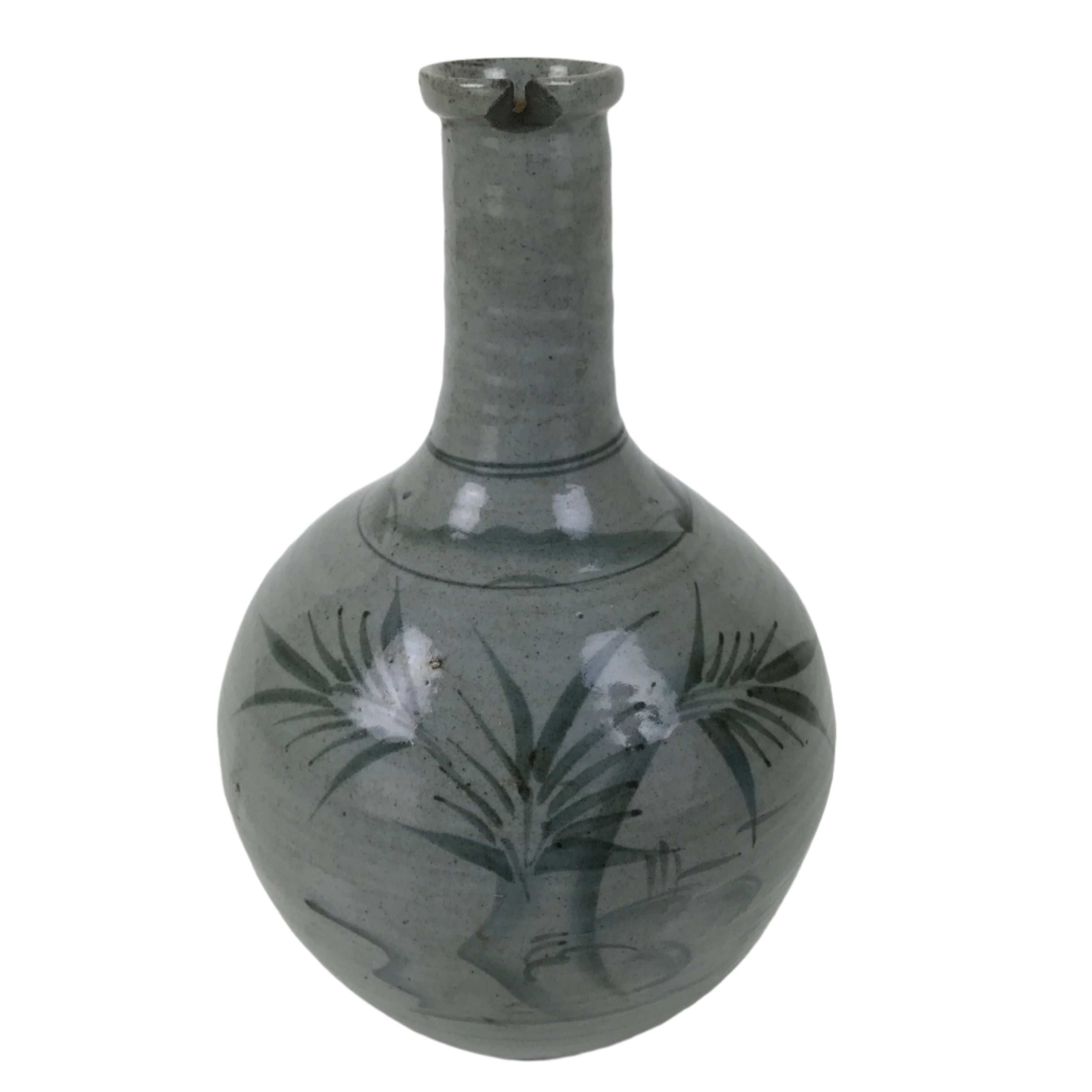 Japanese Ceramic Sake Bottle Vtg Kayoi-Tokkuri Blue Tree Round Long Neck TS816