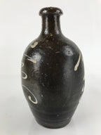 Japanese Ceramic Sake Bottle Vtg Kayoi-Tokkuri Brown Large Beige Kanji TS657