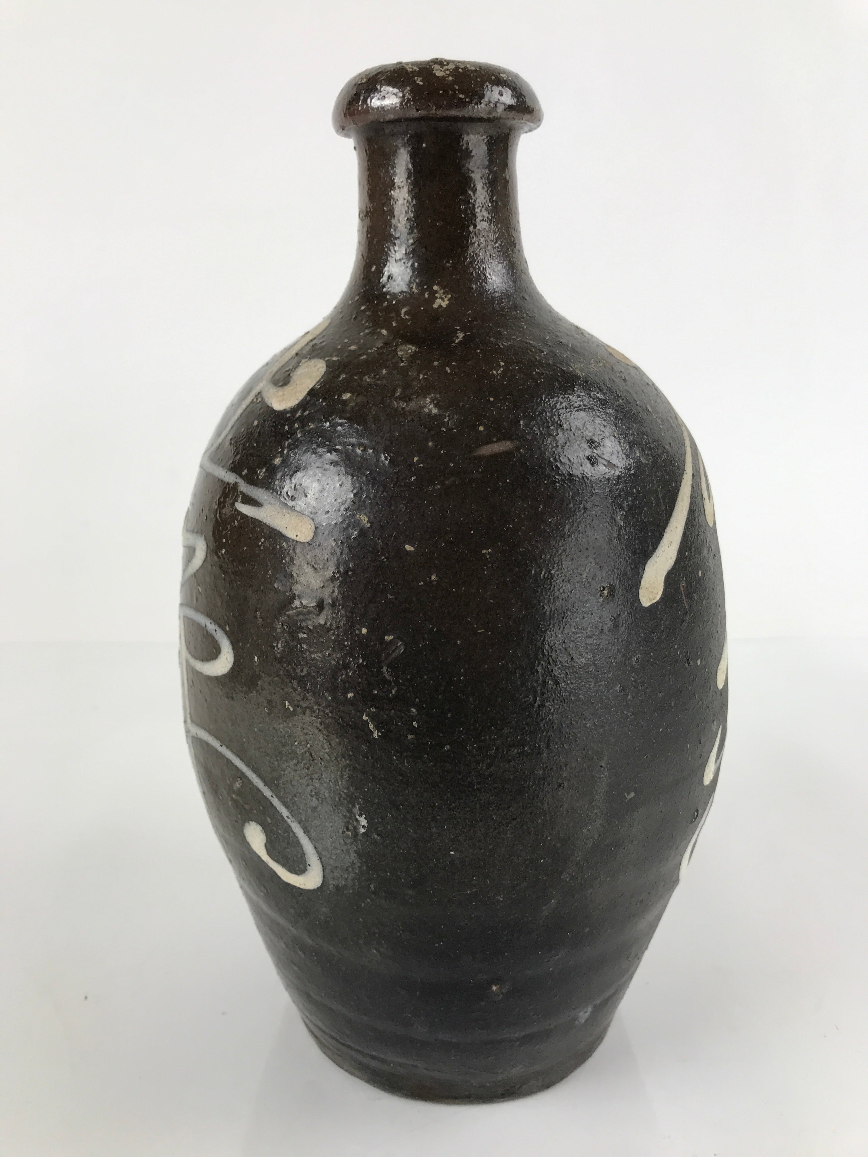 Japanese Ceramic Sake Bottle Vtg Kayoi-Tokkuri Brown Large Beige Kanji TS657