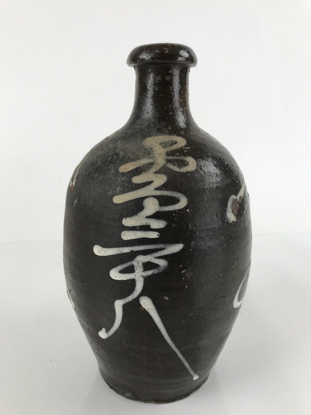 Japanese Ceramic Sake Bottle Vtg Kayoi-Tokkuri Brown Large Beige Kanji TS657