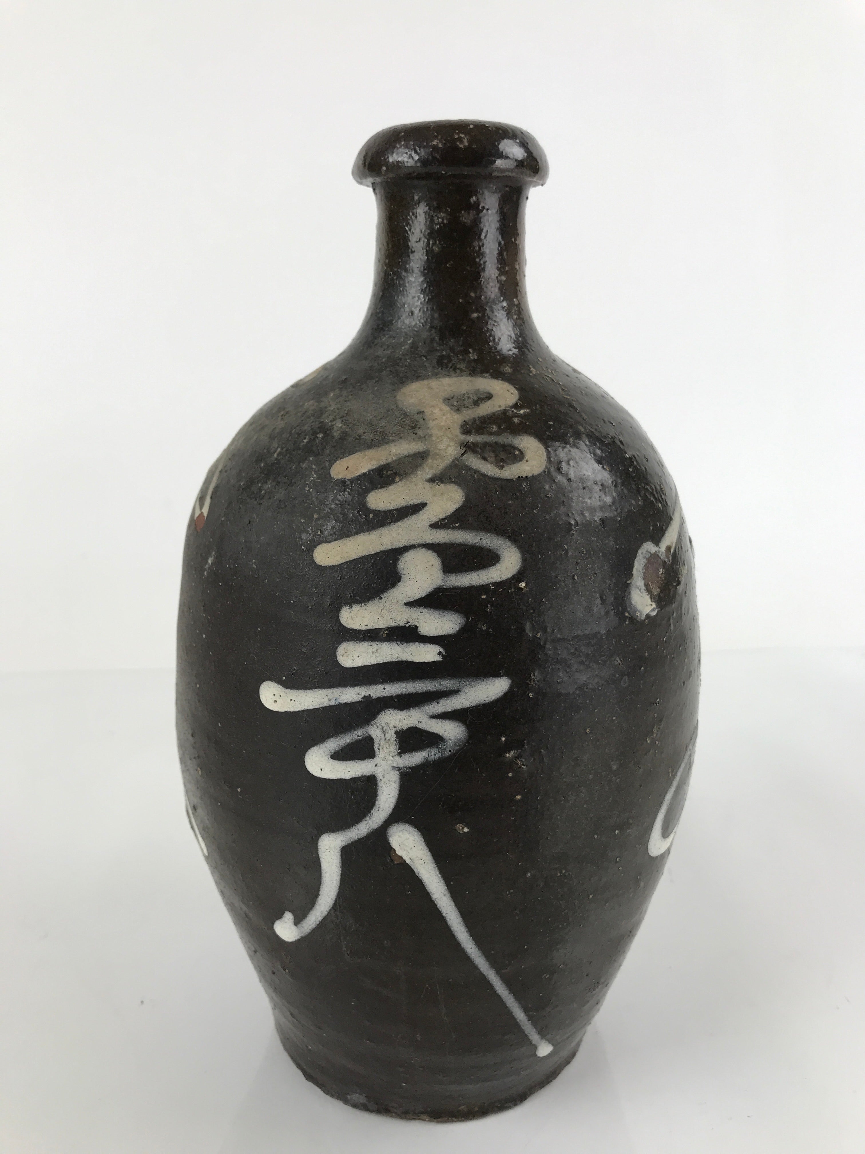Japanese Ceramic Sake Bottle Vtg Kayoi-Tokkuri Brown Large Beige Kanji TS657