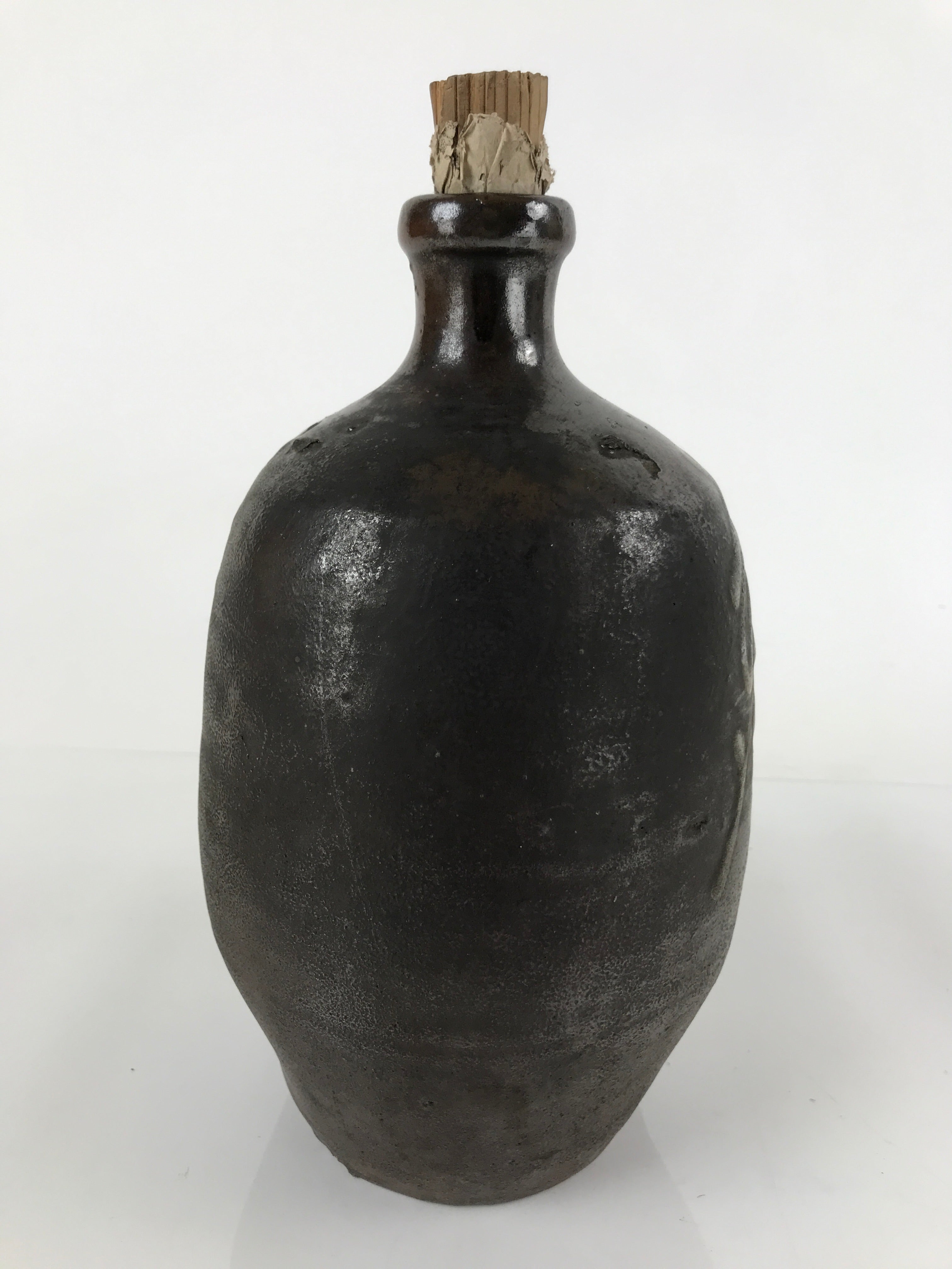 Japanese Ceramic Sake Bottle Vtg Kayoi-Tokkuri Dark Brown Large Kanji TS652