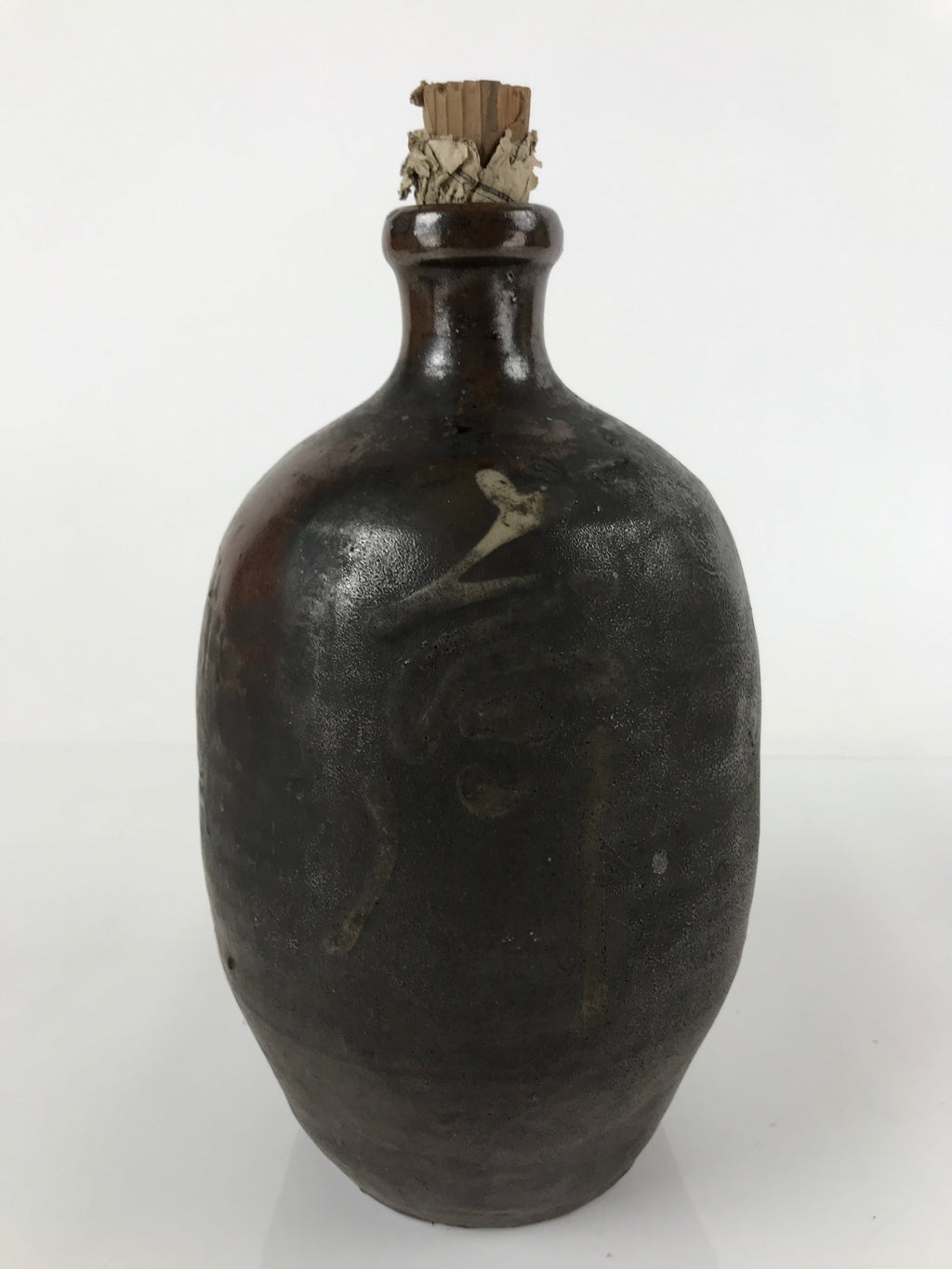 Japanese Ceramic Sake Bottle Vtg Kayoi-Tokkuri Dark Brown Large Kanji TS652
