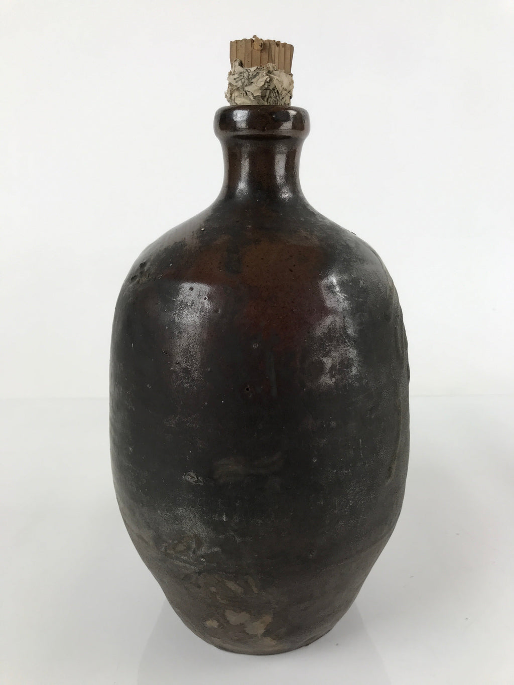 Japanese Ceramic Sake Bottle Vtg Kayoi-Tokkuri Dark Brown Large Kanji TS652