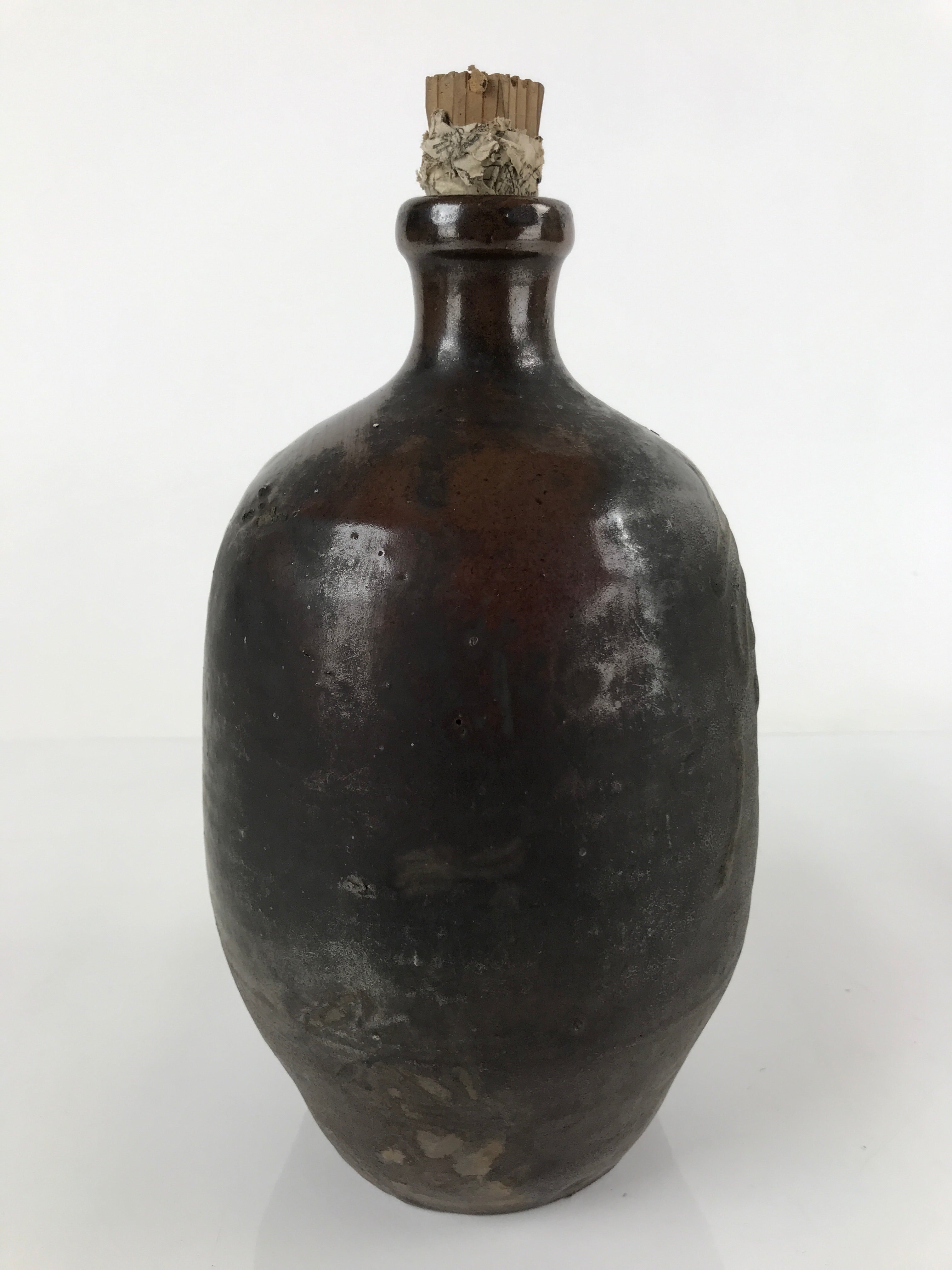 Japanese Ceramic Sake Bottle Vtg Kayoi-Tokkuri Dark Brown Large Kanji TS652