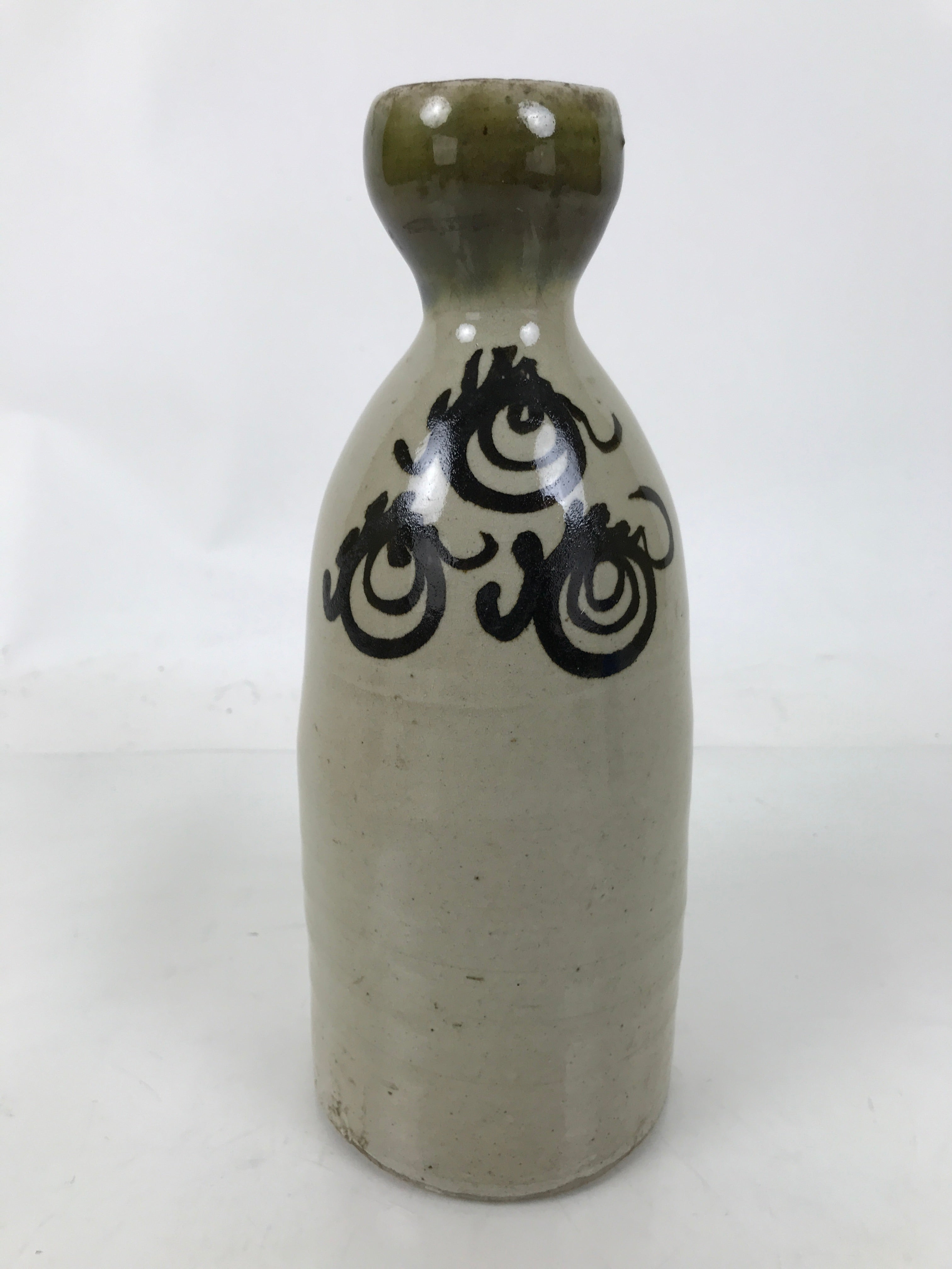 Japanese Ceramic Sake Bottle Vtg Kayoi-Tokkuri Gray Black Green Circles TS814