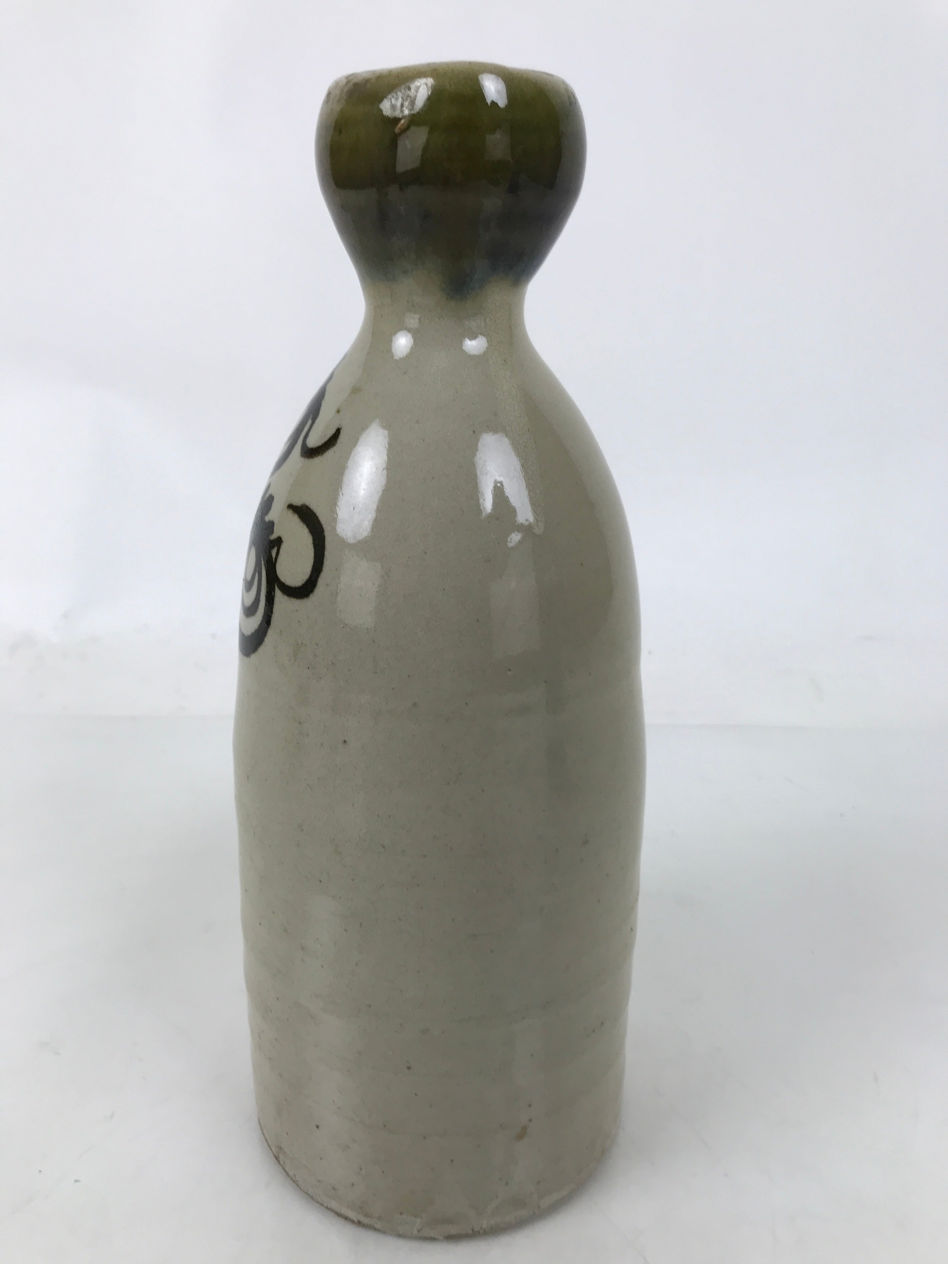 Japanese Ceramic Sake Bottle Vtg Kayoi-Tokkuri Gray Black Green Circles TS814