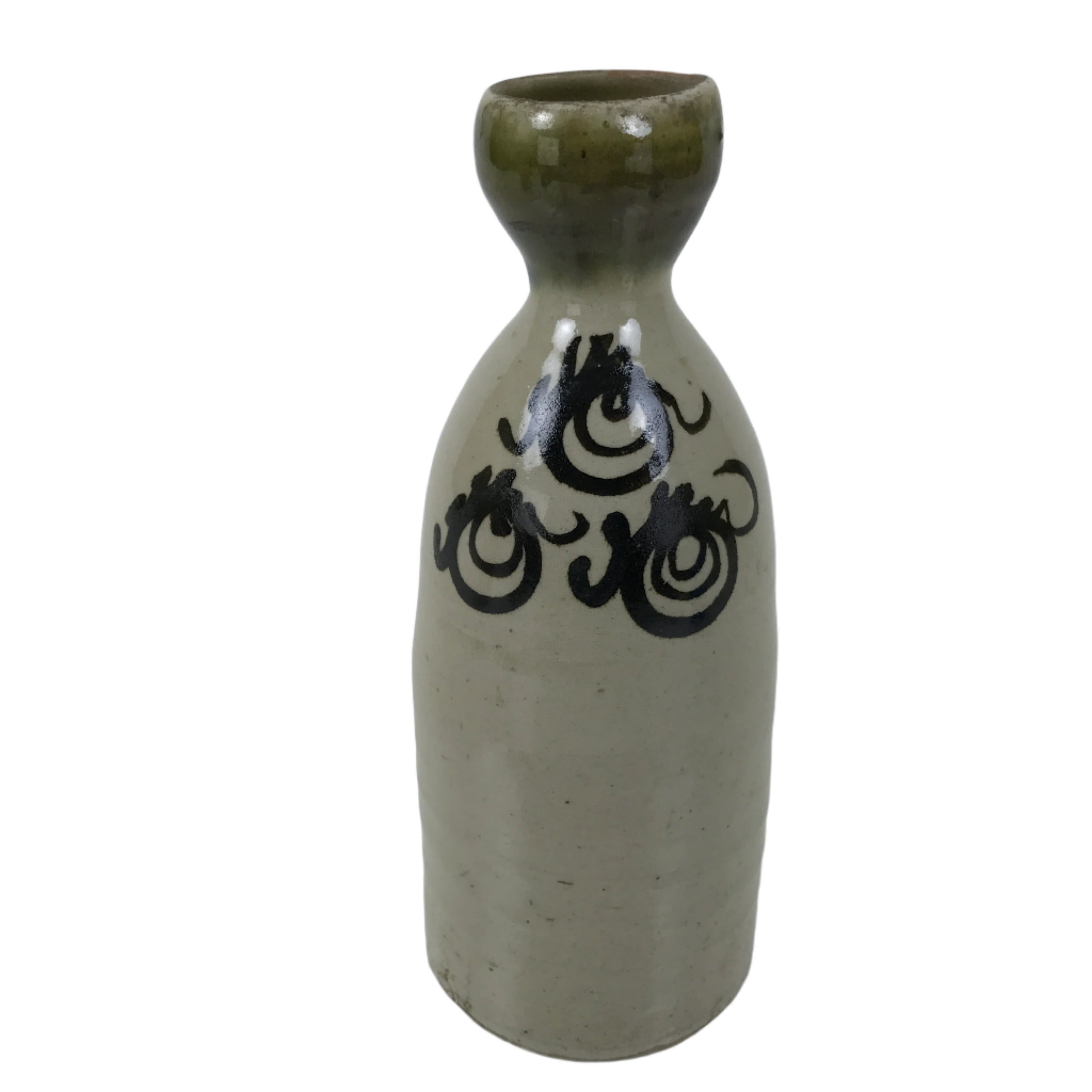 Japanese Ceramic Sake Bottle Vtg Kayoi-Tokkuri Gray Black Green Circles TS814