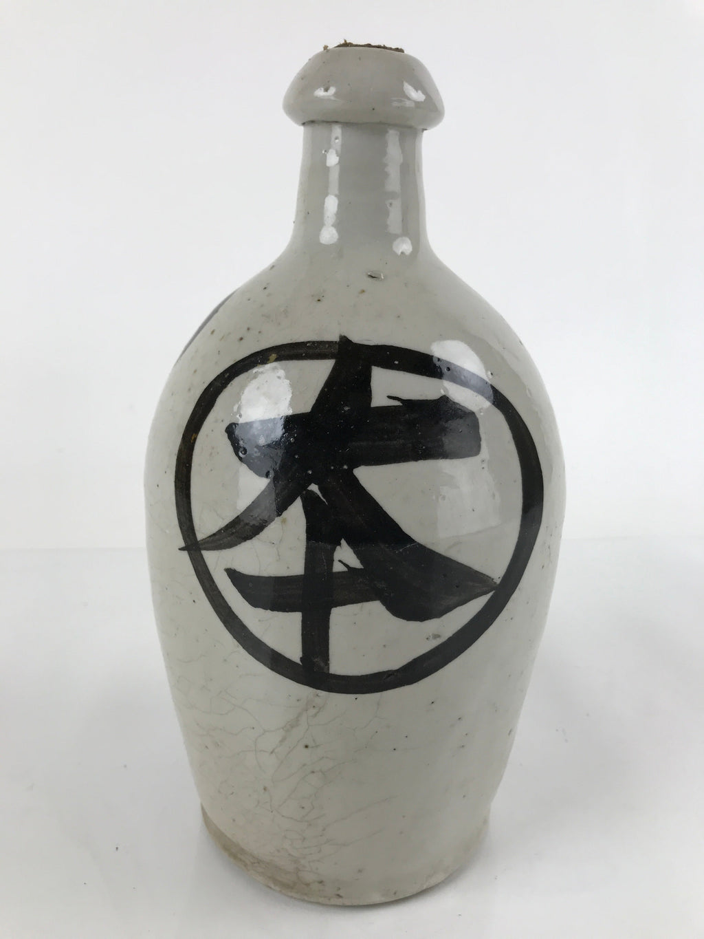 Japanese Ceramic Sake Bottle Vtg Kayoi-Tokkuri Gray Large Black Kanji TS655