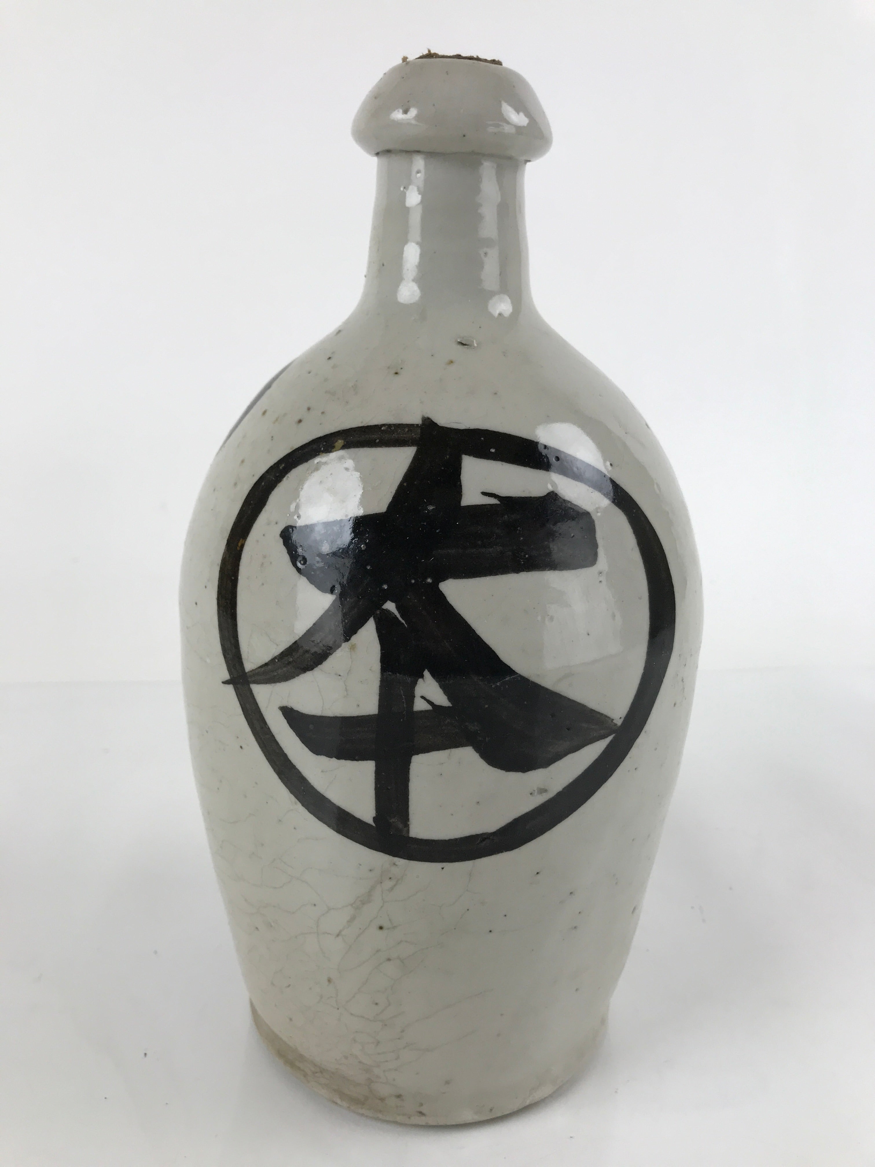 Japanese Ceramic Sake Bottle Vtg Kayoi-Tokkuri Gray Large Black Kanji TS655