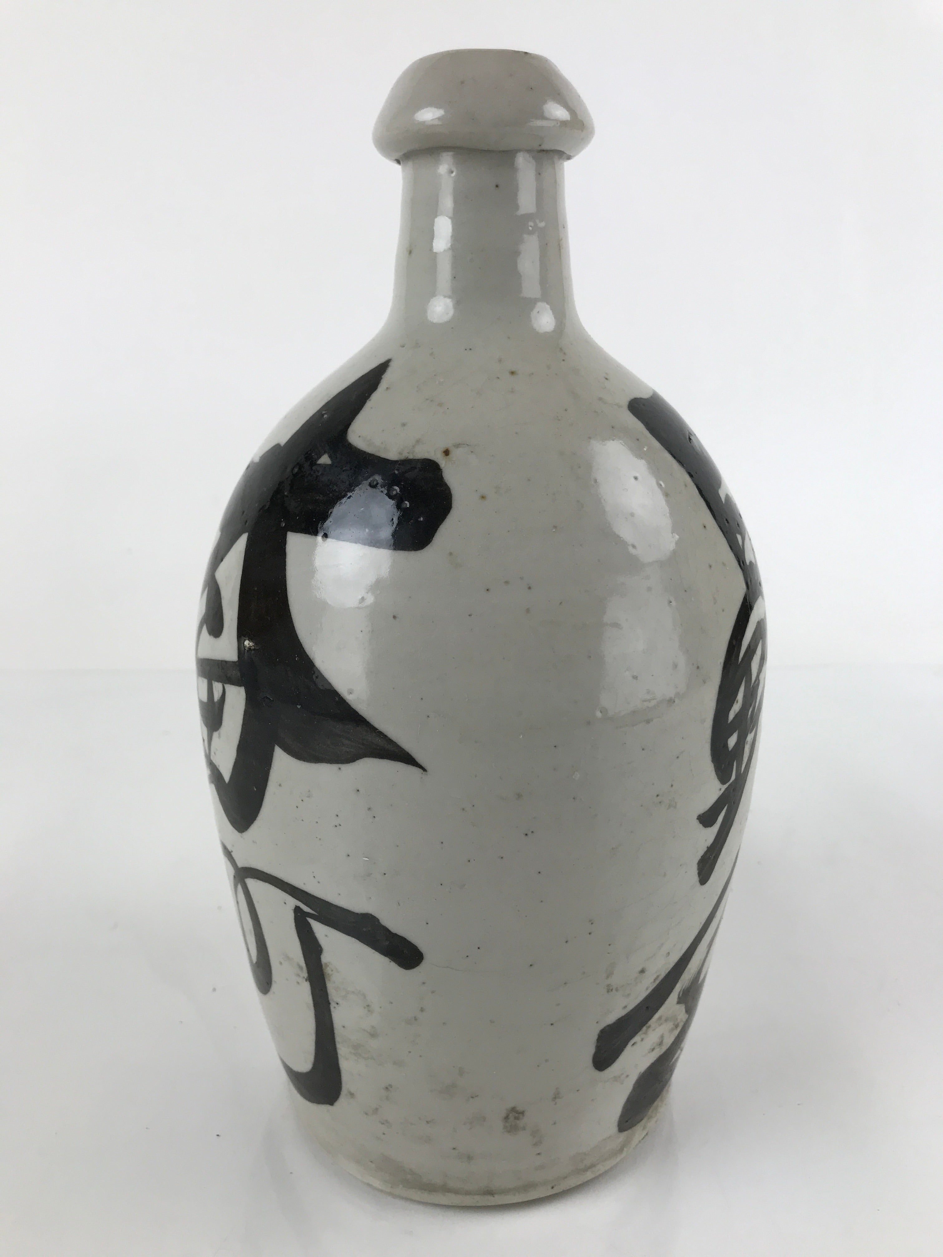 Japanese Ceramic Sake Bottle Vtg Kayoi-Tokkuri Gray Large Black Kanji TS655