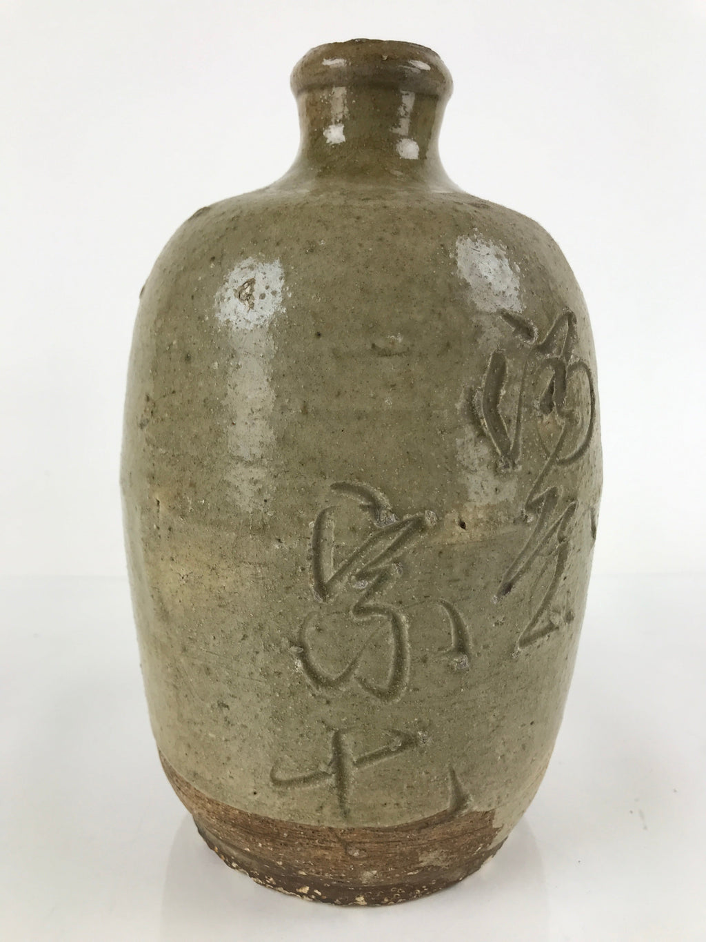 Japanese Ceramic Sake Bottle Vtg Kayoi-Tokkuri Gray Large Carved Kanji TS653