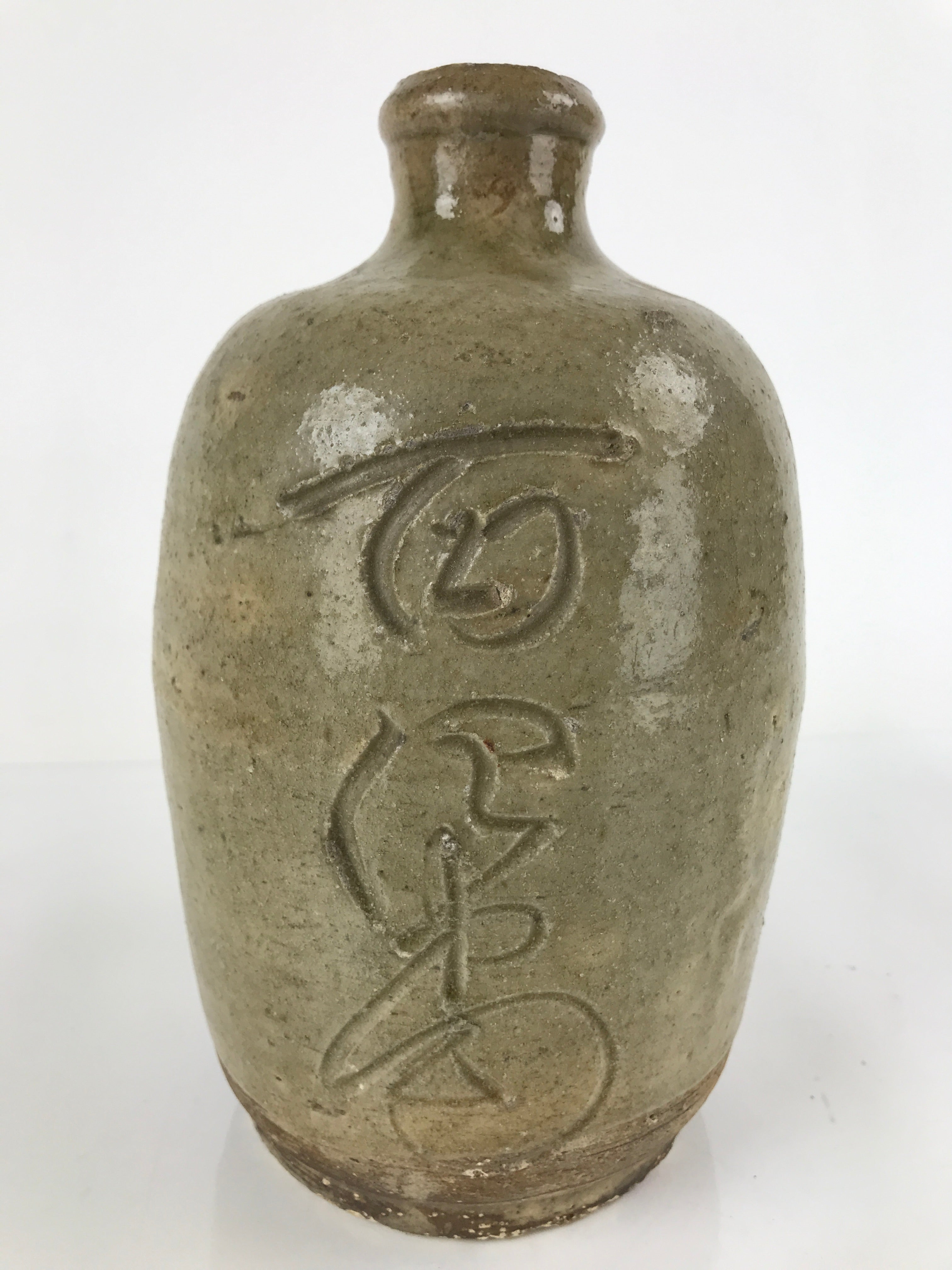Japanese Ceramic Sake Bottle Vtg Kayoi-Tokkuri Gray Large Carved Kanji TS653