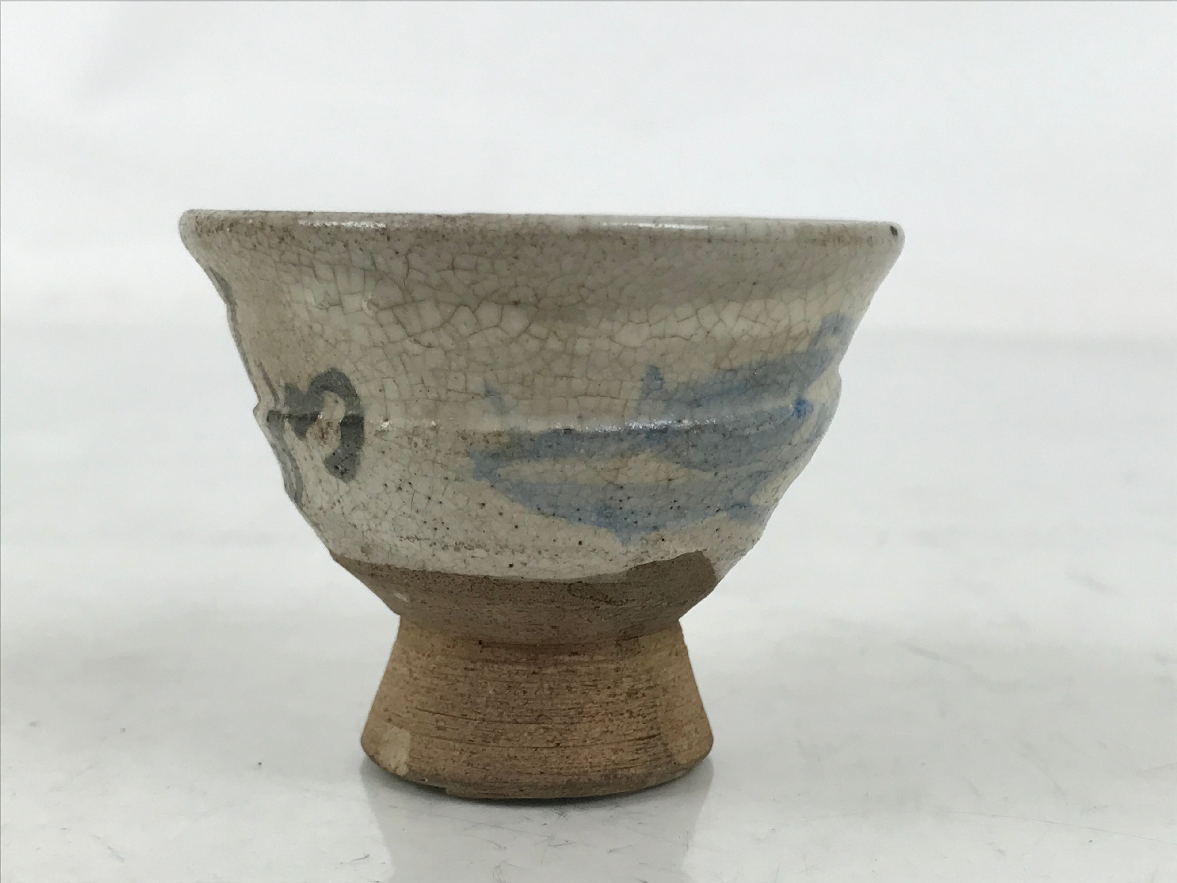 Japanese Ceramic Sake Cup Vtg Guinomi Beige Brush White Kanji Cut Crackle G283