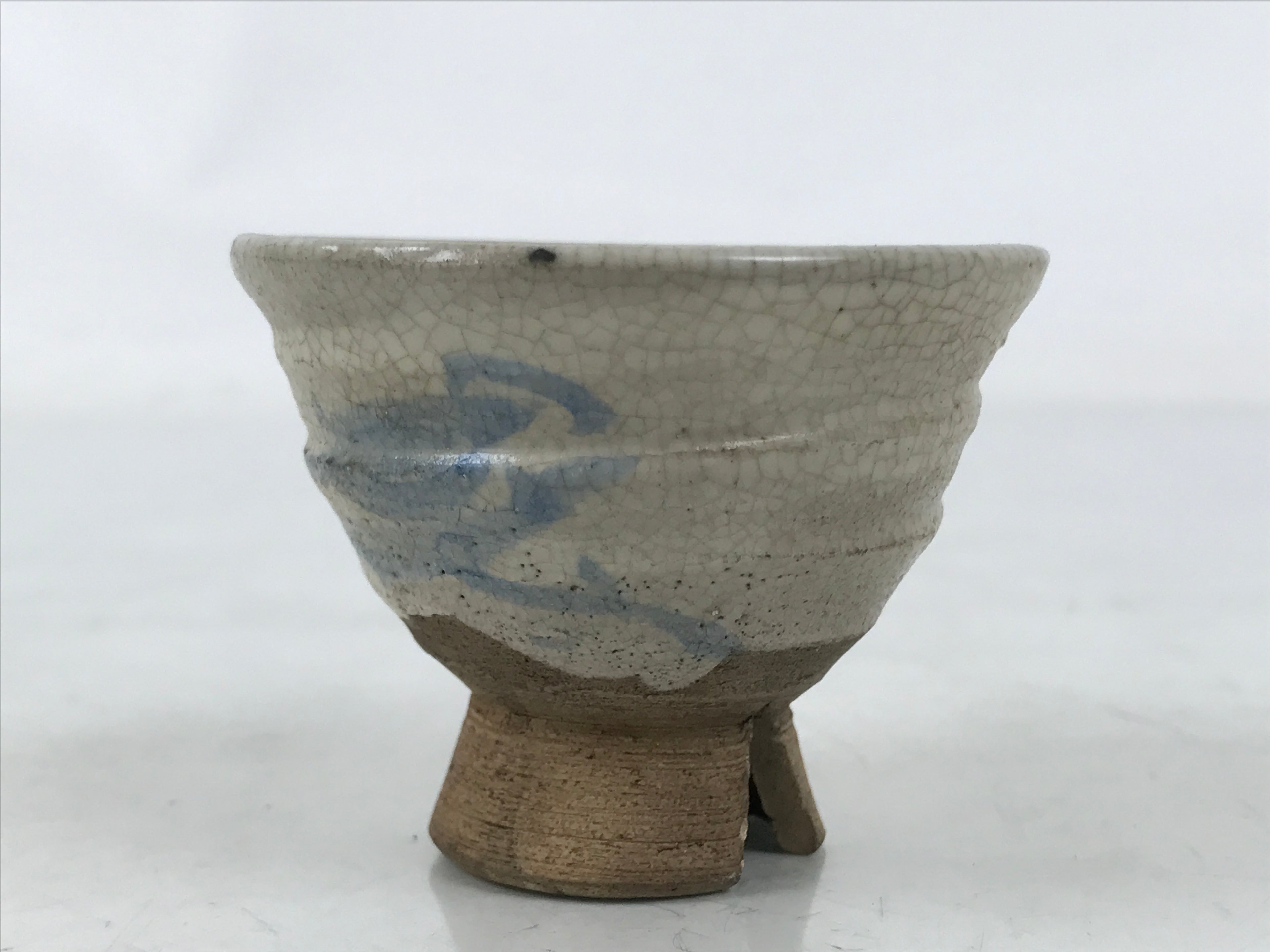 Japanese Ceramic Sake Cup Vtg Guinomi Beige Brush White Kanji Cut Crackle G283