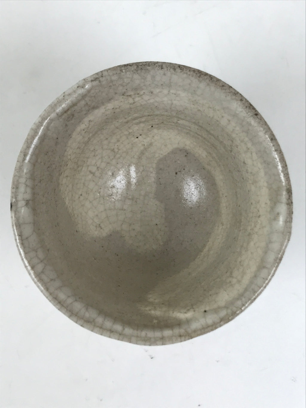Japanese Ceramic Sake Cup Vtg Guinomi Beige Brush White Kanji Cut Crackle G283