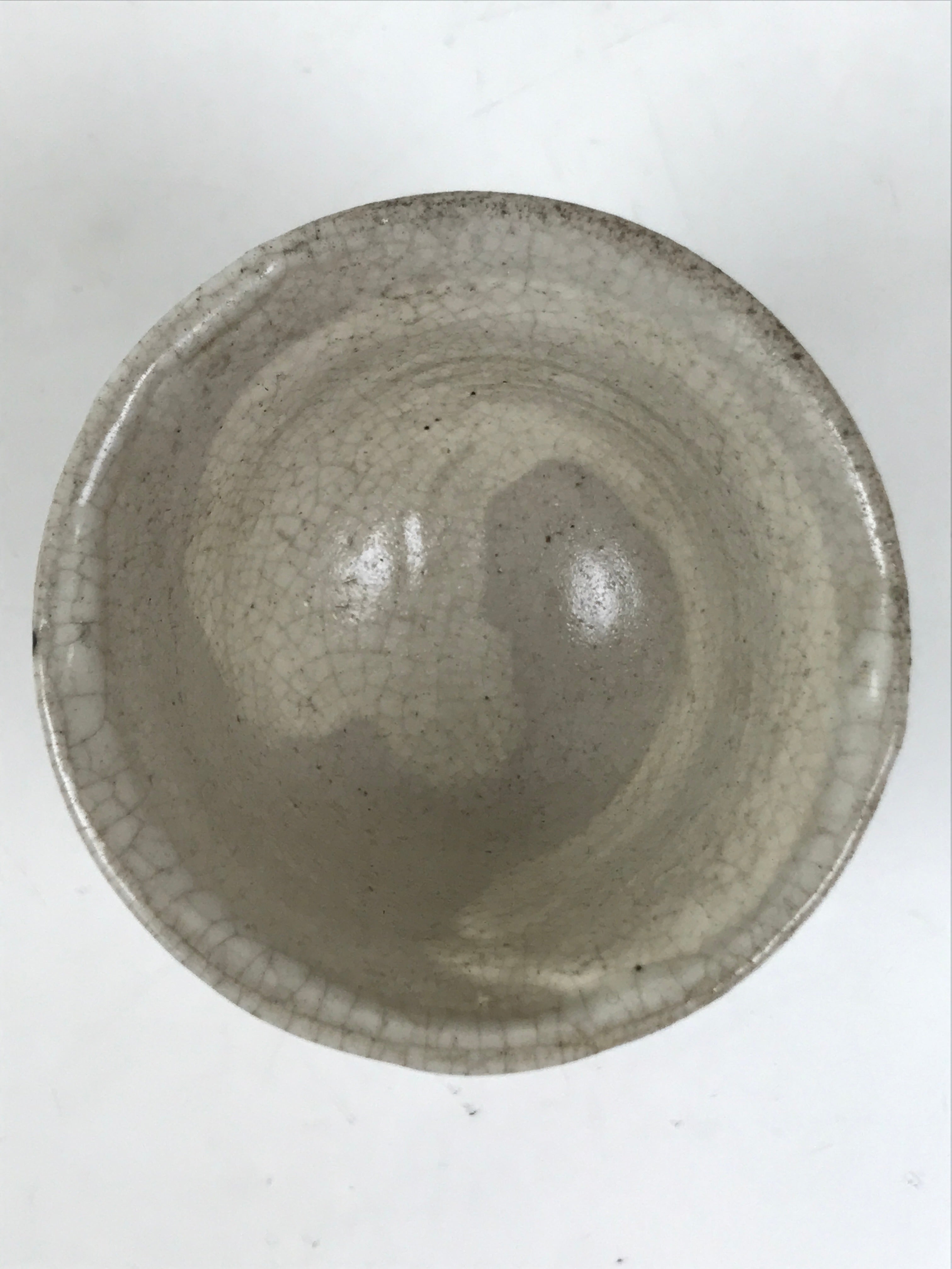 Japanese Ceramic Sake Cup Vtg Guinomi Beige Brush White Kanji Cut Crackle G283