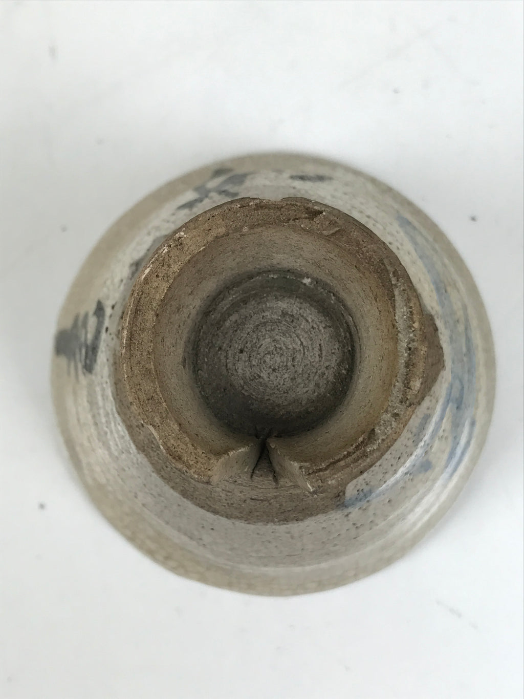Japanese Ceramic Sake Cup Vtg Guinomi Beige Brush White Kanji Cut Crackle G283