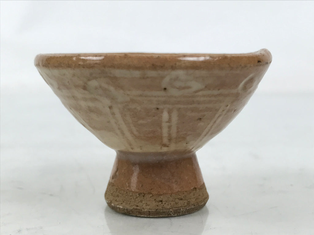 Japanese Ceramic Sake Cup Vtg Guinomi Light Brown Geometric Brush White G282